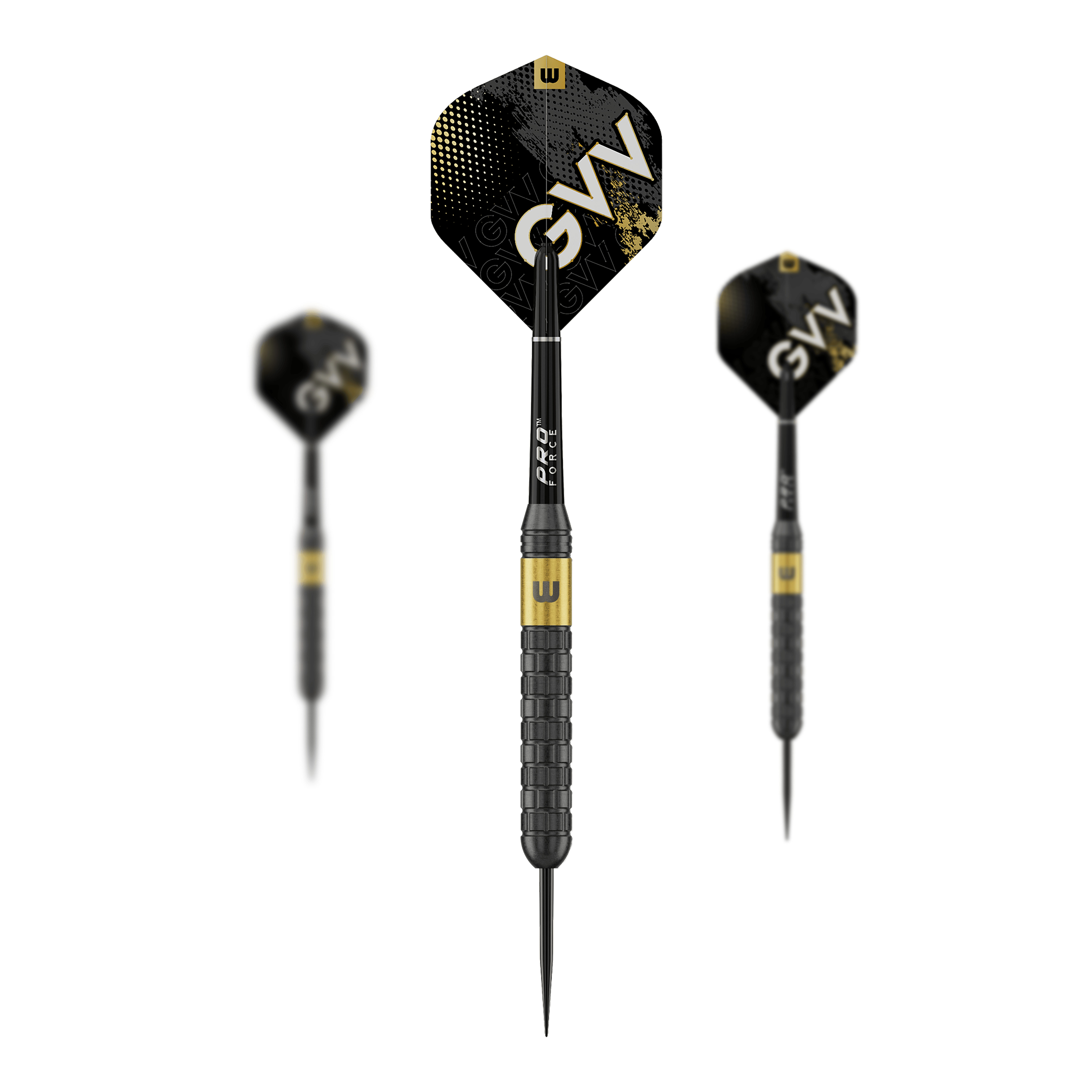 Abgebildet ist ein Set von Winmau Gian Van Veen Core Brass Steeldarts 21g. Die drei Darts sind nebeneinander angeordnet.