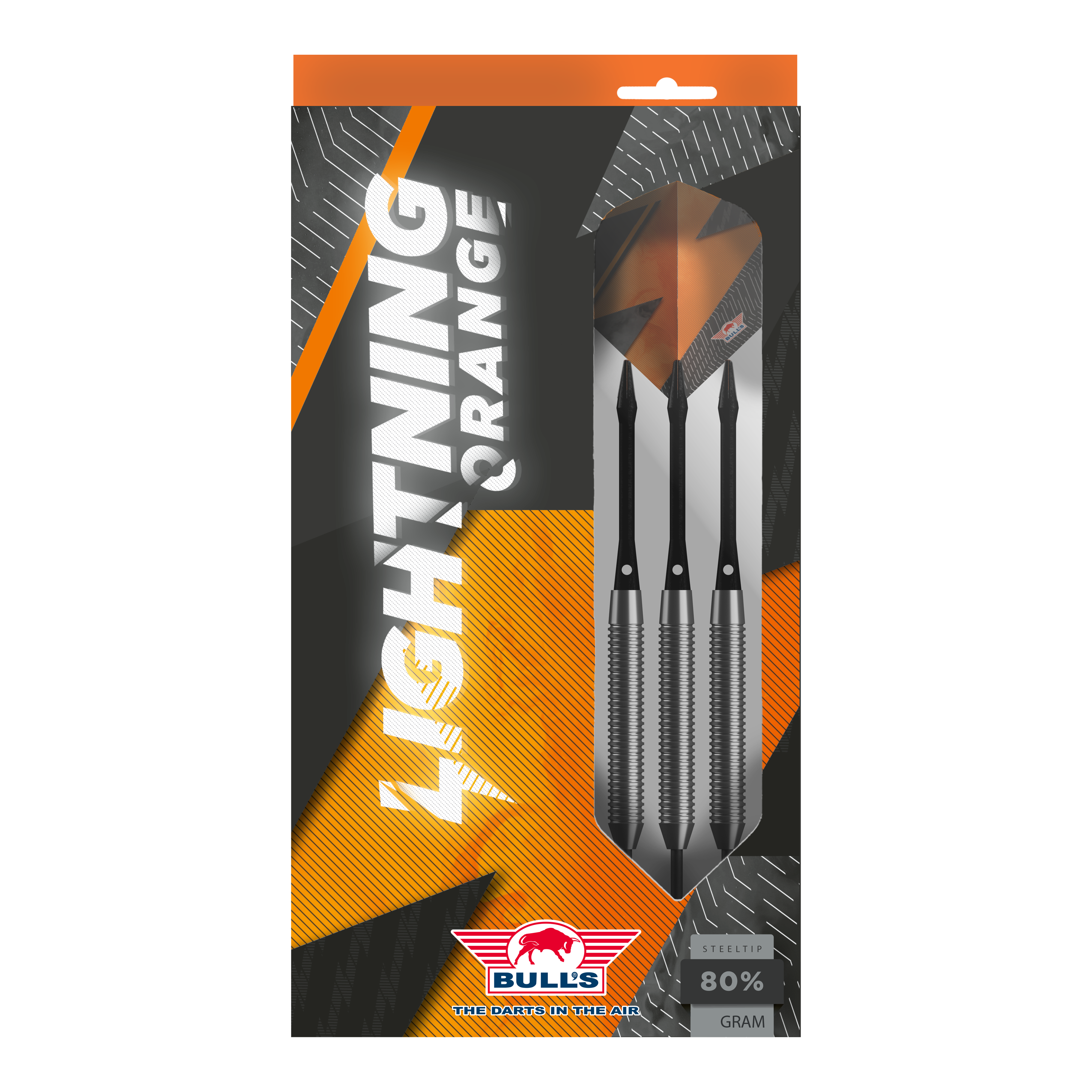 Fléchettes en acier orange Bulls NL Lightning Das Bild zeigt die Verpackung der "Bulls NL Lightning Orange Steeldarts". In der Packung befinden sich drei Steeldarts mit orange-schwarzem Design.