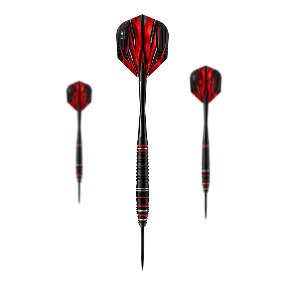 Fléchettes en acier allié de haute qualité Harrows Fire Auf dem Bild sind die Harrows Fire High Grade Alloy Steeldarts zu sehen. Die Darts haben ein schwarzes Design mit roten Flammen auf den Flights.