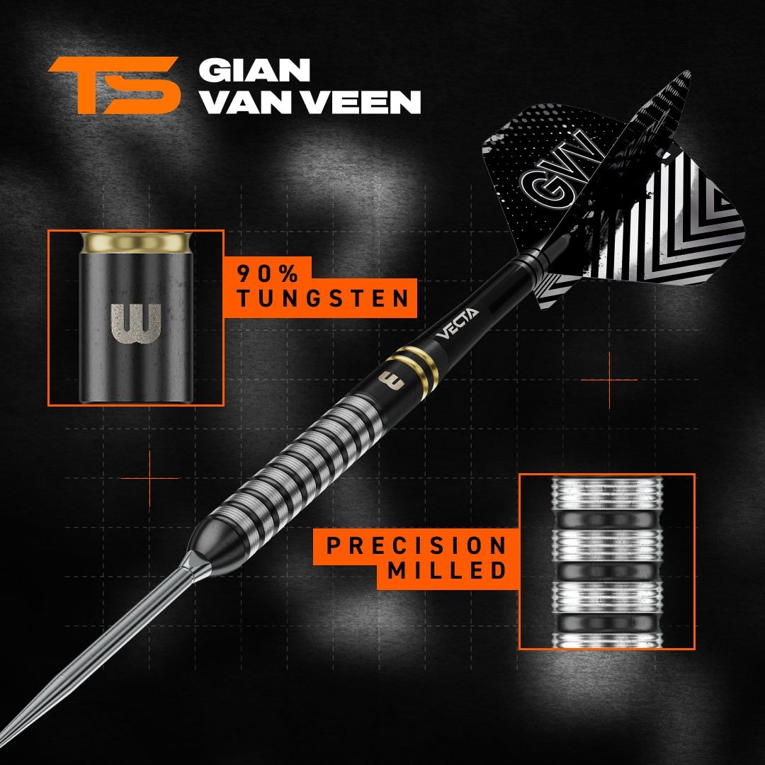 Fléchettes en acier Winmau Gian Van Veen TS Switch Point Das Bild zeigt Winmau Gian Van Veen TS Switch Point Steeldarts. Drei Darts mit moderner Optik sind zu sehen.