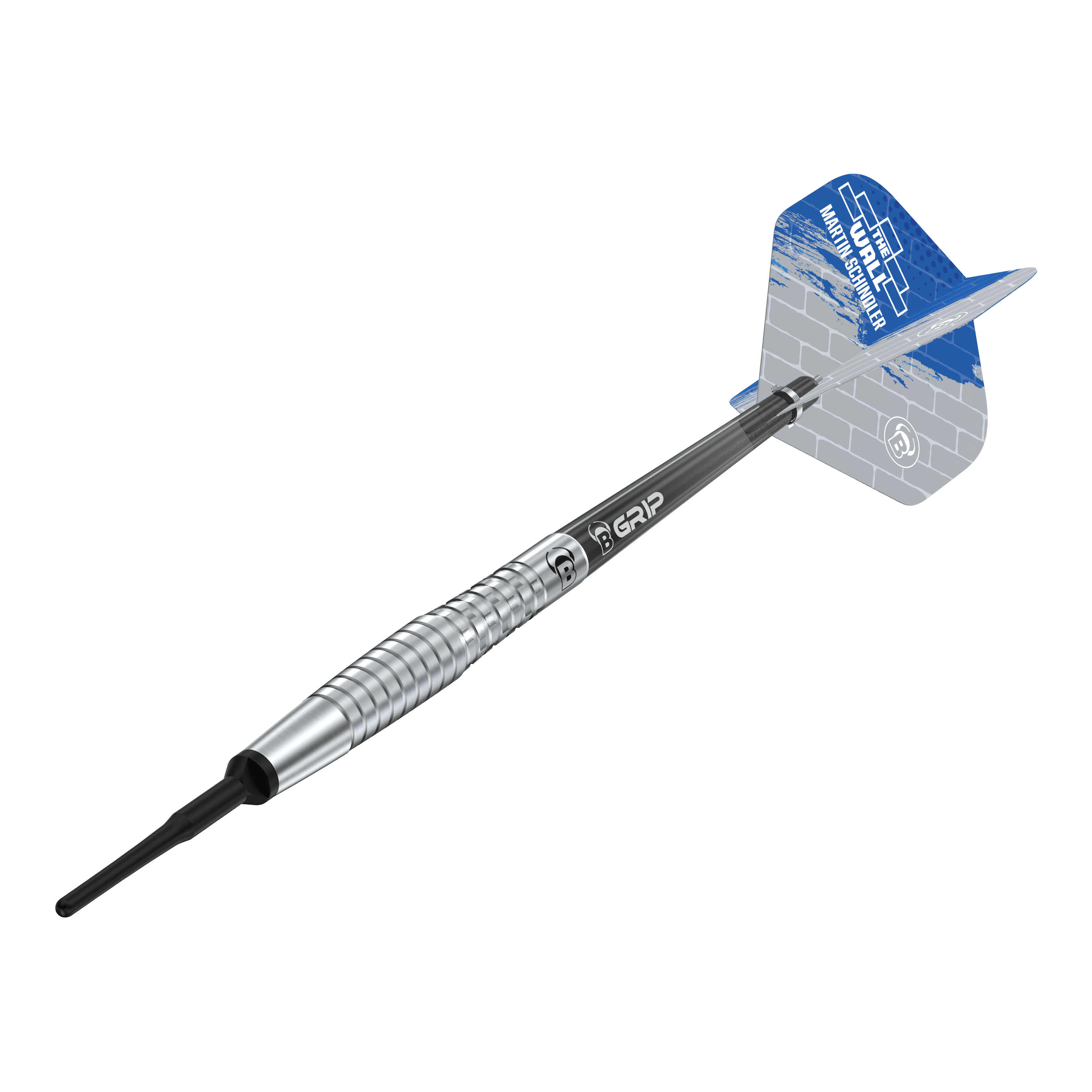 Fléchettes souples Bulls Martin Schindler Original Generation 2 Das Bild zeigt den Softdart "Bulls Martin Schindler Original Generation 2". Der Dartpfeil hat einen silbernen, geriffelten Barrel und blaue Flights mit weißem Muster.