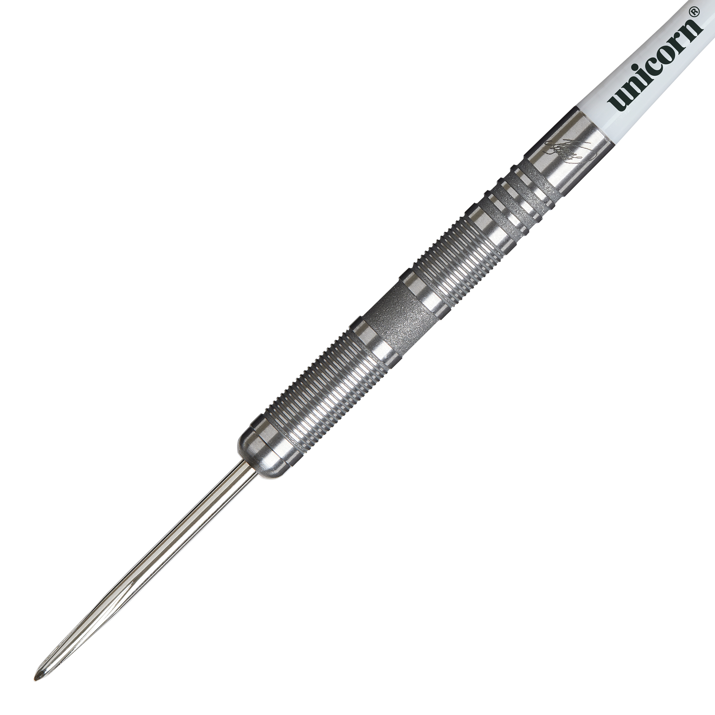 Fléchettes en acier Unicorn James Wade The Machine Range Phase 4 Das Bild zeigt einen Unicorn James Wade The Machine Range Phase 4 Steeldart. Der Dartpfeil ist silberfarben und hat eine geriffelte Griffzone für besseren Halt.