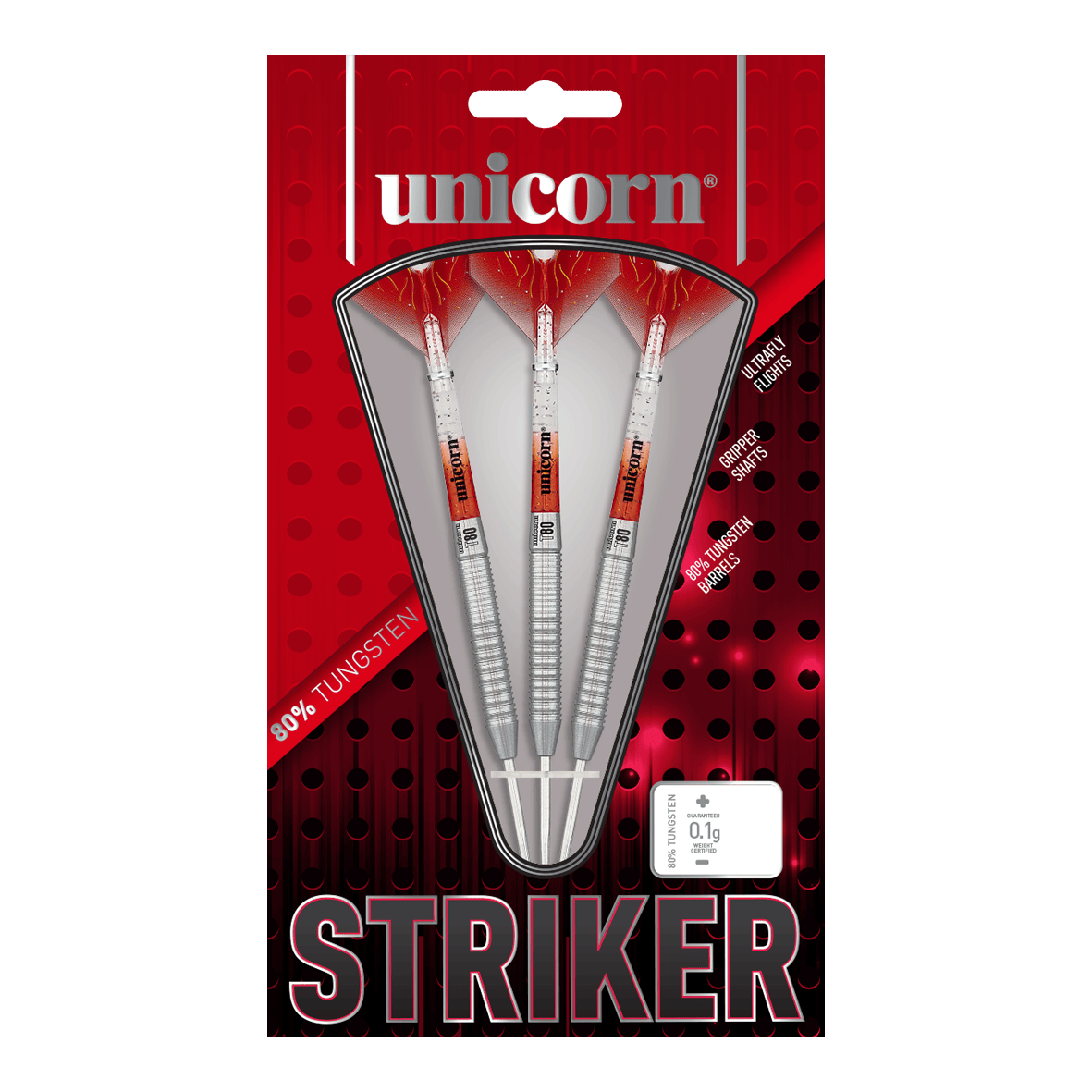 Fléchettes en acier Unicorn Core XL Striker Style 5 Das Bild zeigt die Verpackung der "Unicorn Core XL Striker Style 5 Steeldarts". In der Packung befinden sich drei Steeldarts mit silbernen Schäften und roten Flights.