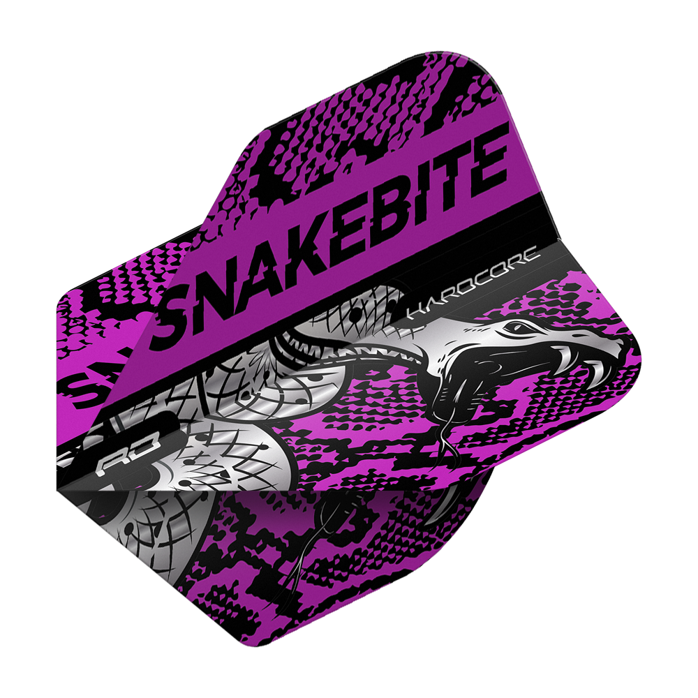Das Bild zeigt ein Dart-Flight mit dem Namen "Red Dragon Hardcore Snakebite Coiled Snake Purple Standard Flights". Das Flight ist lila und schwarz gestaltet und zeigt ein Schlangenmuster sowie den Schriftzug "SNAKEBITE".