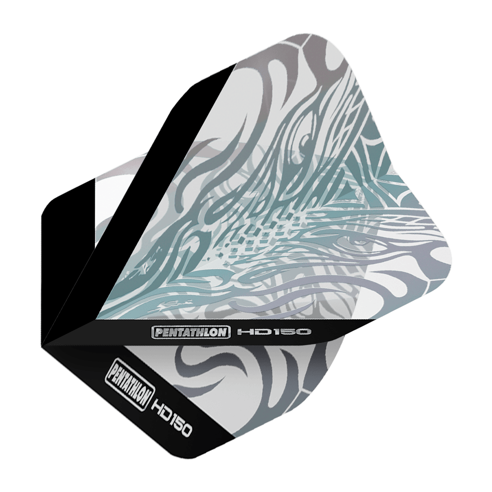Vols standard transparents métalliques Pentathlon HD150 Das Bild zeigt das Produkt "Pentathlon HD150 Metallic Clear Standard Flights". Die Dartflight ist größtenteils durchsichtig mit metallisch glänzenden Mustern und schwarzem Rand.