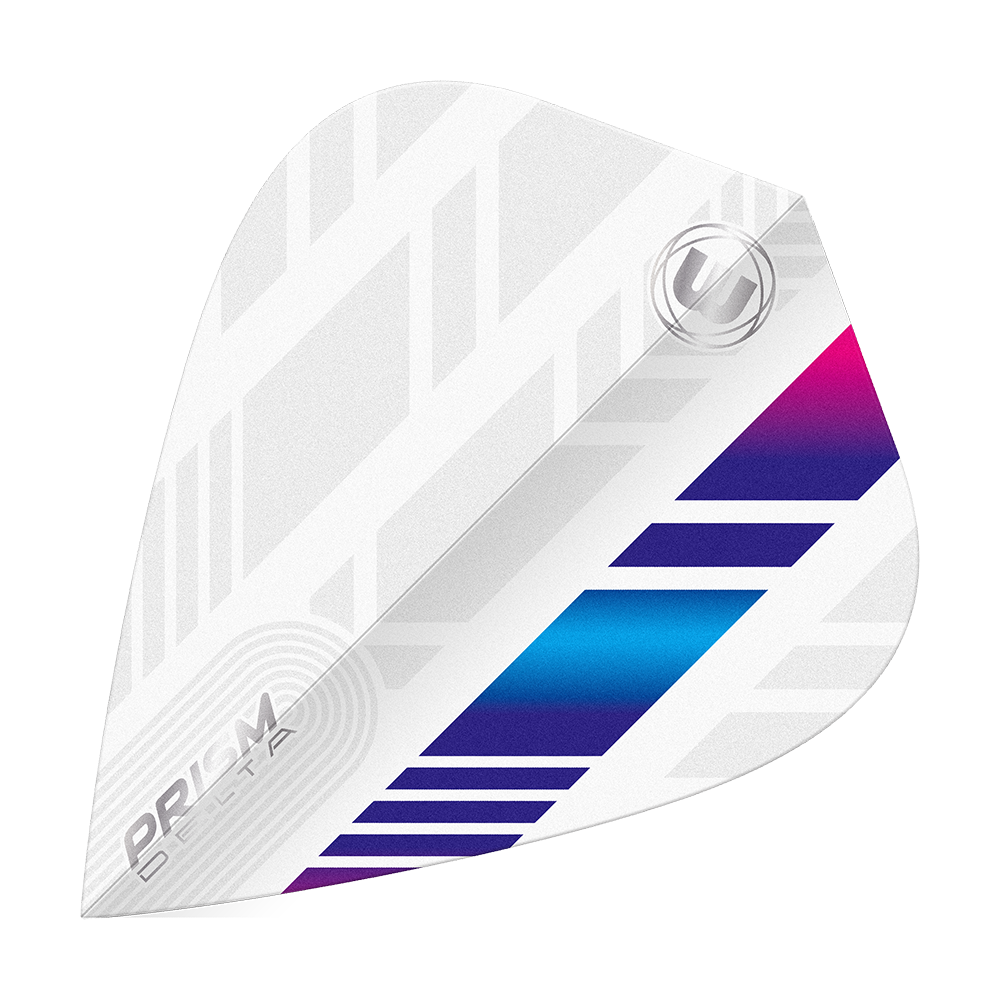 Vols de cerf-volant Winmau Delta blanc bleu violet Das Bild zeigt ein weißes Dart-Flight mit blauen und violetten Akzenten. Das Design ist modern mit geometrischen Mustern und trägt die Aufschrift „PRISM DELTA“.