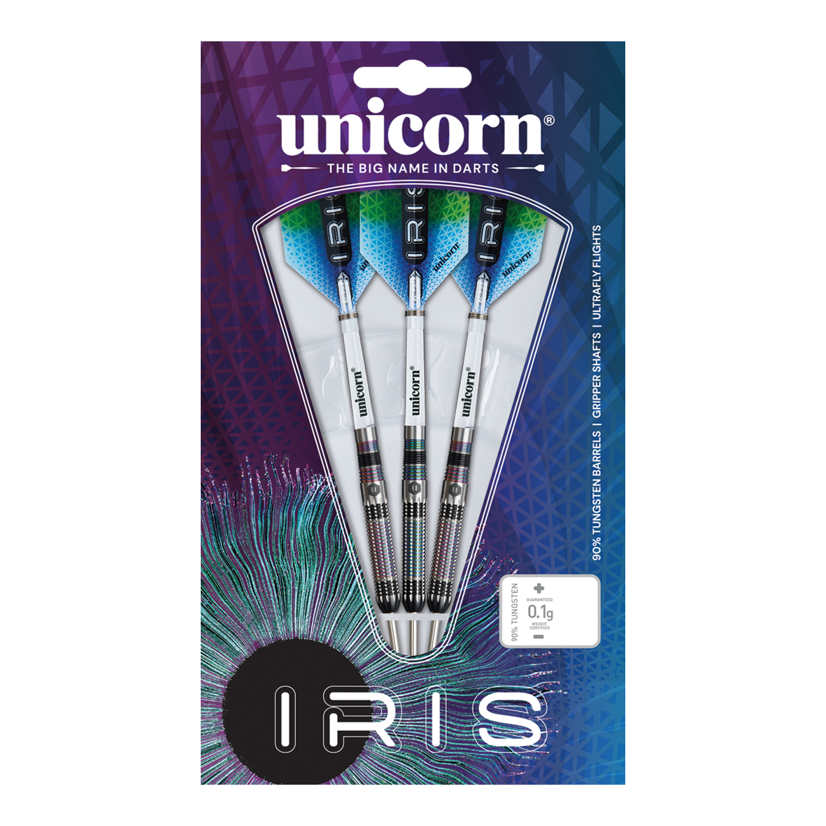 Fléchettes en acier Unicorn Iris Das Bild zeigt eine Verpackung mit drei Steeldarts der Marke "Unicorn Iris". Die Darts haben silberne Schäfte und blaue Flights, und die Verpackung ist bunt gestaltet.