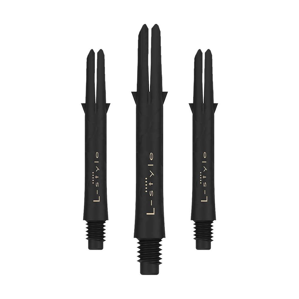 Arbres en carbone de style L Das Bild zeigt drei schwarze Dartschäfte aus Carbon der Marke L-style. Die Schäfte sind ohne Kappen und haben eine Länge von 39 mm.