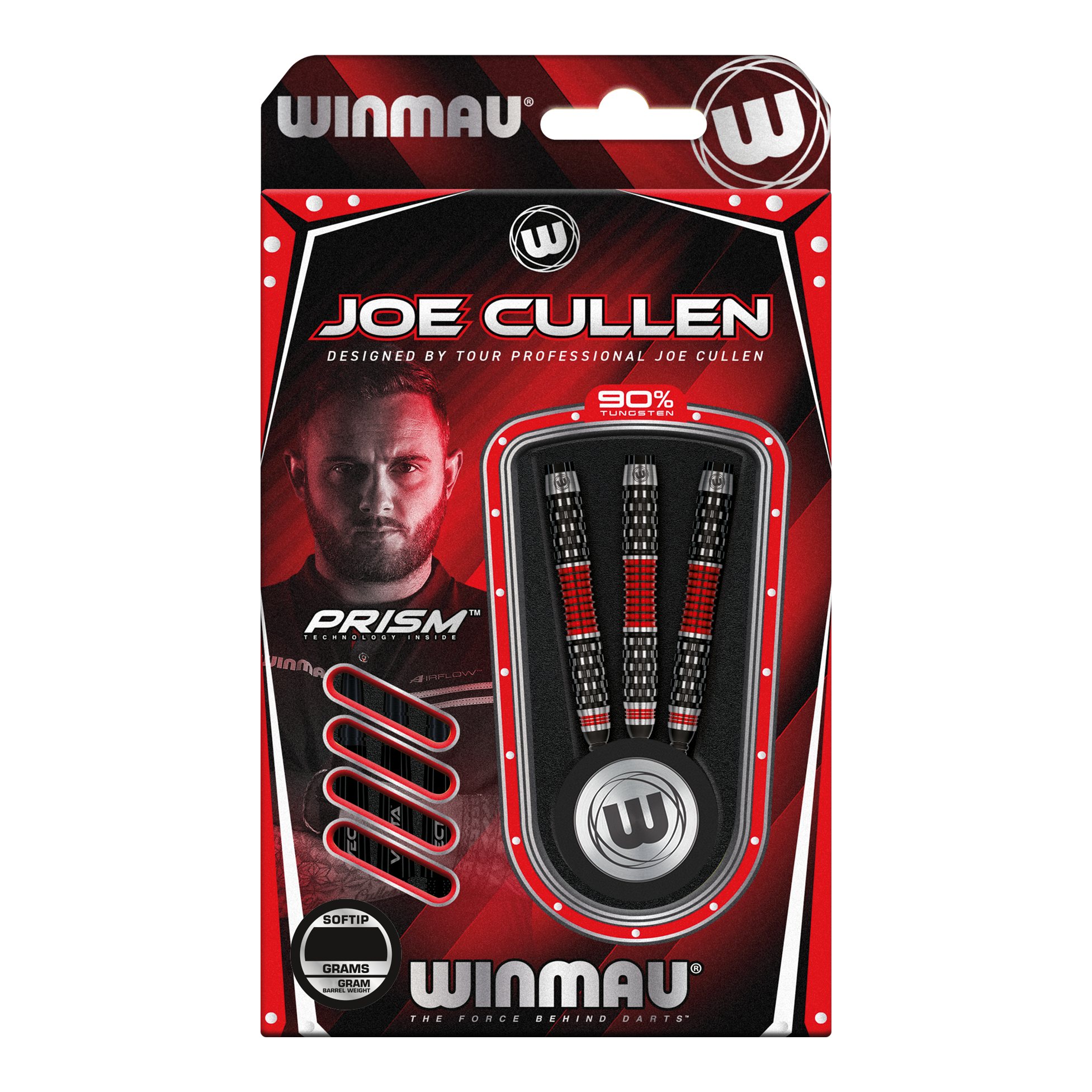 Fléchettes souples Winmau Joe Cullen Rockstar Series RS1 - 20 g Die Abbildung zeigt die Winmau Joe Cullen Rockstar Series RS1 Softdarts mit 20g Gewicht. Die Darts sind in einer rot-schwarzen Verpackung und enthalten 90% Tungsten.