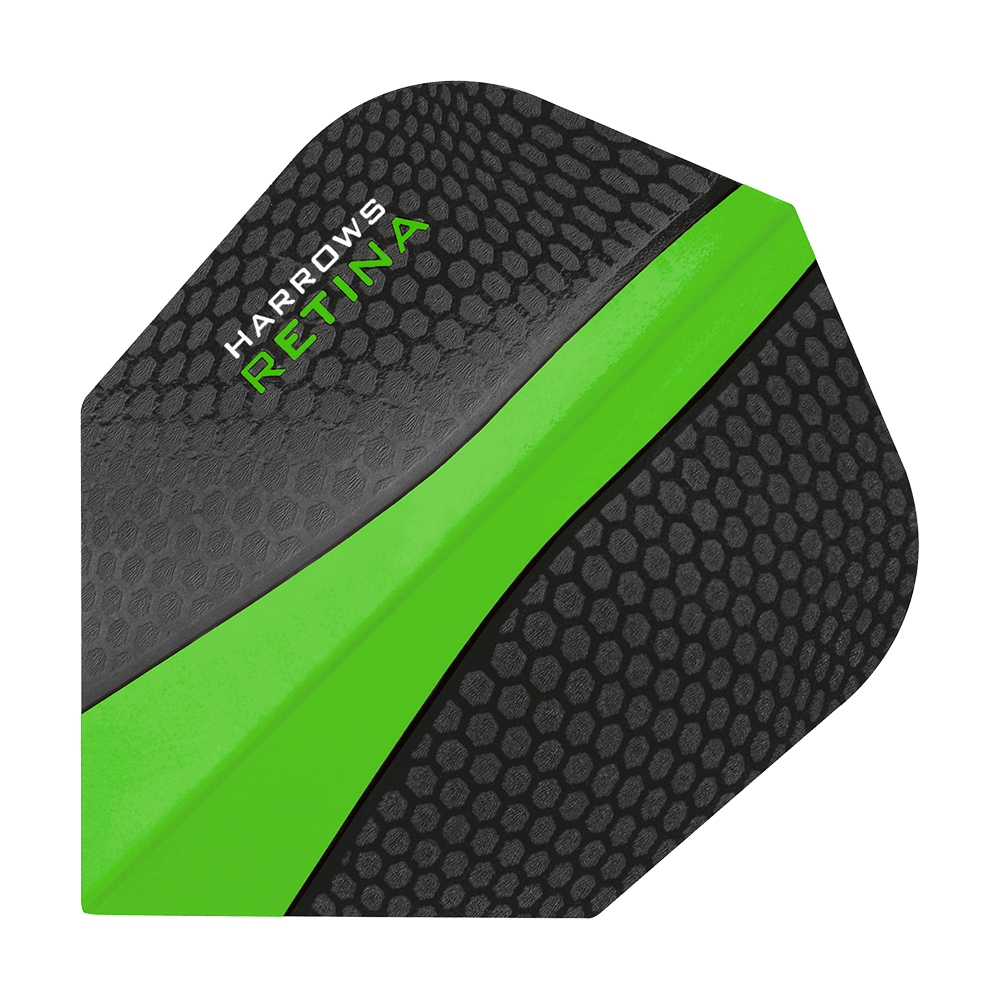 HR5508_Harrows_Retina_Gr-n_No2_Standard_Flights_1 Das Bild zeigt ein Harrows Retina Grün No6 Flight für Dartpfeile. Das Flight ist schwarz mit einer auffälligen grünen Linie und einem wabenförmigen Muster.