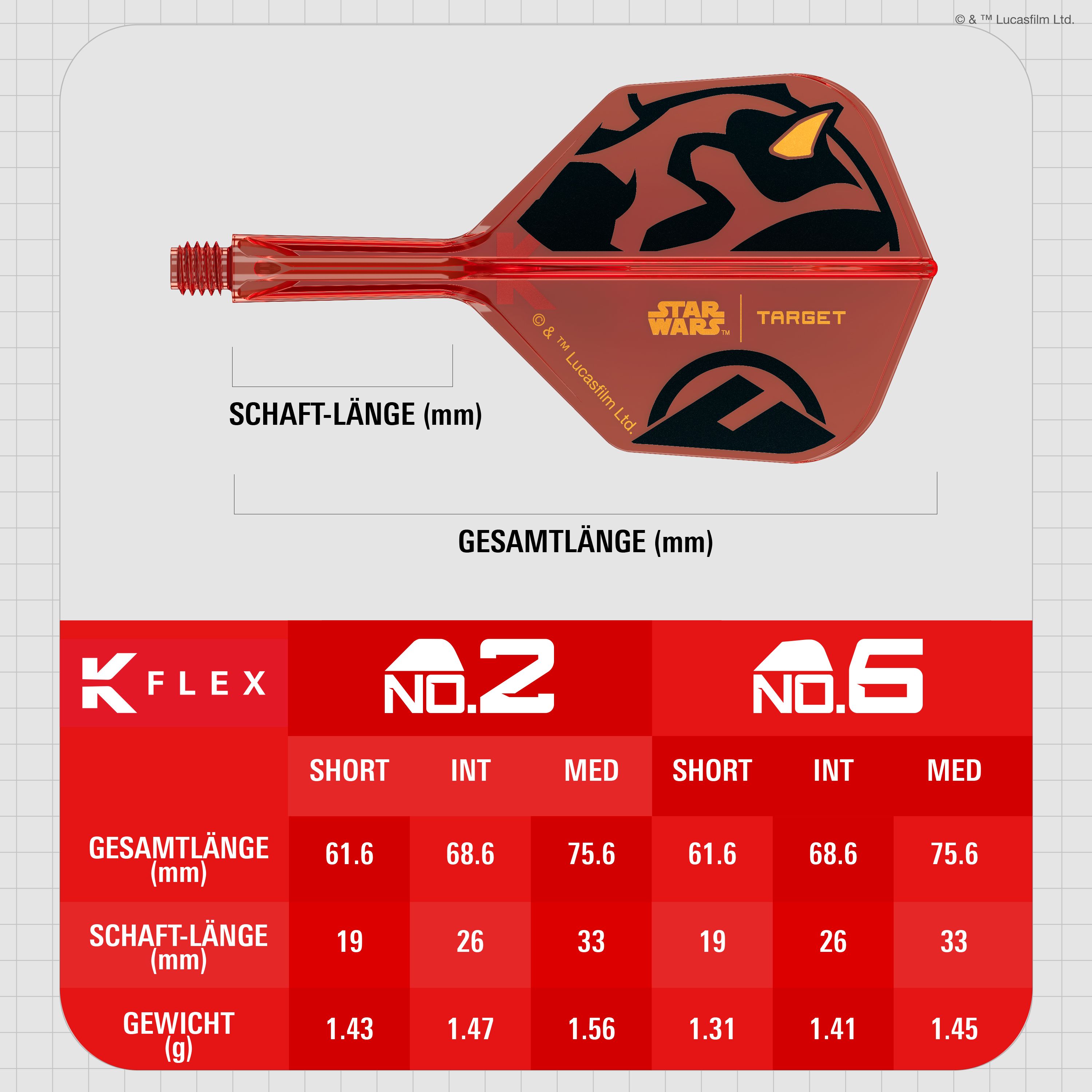 Das Bild zeigt die Target Star Wars K-Flex Darth Maul No6 Flights. Die Dartflights sind im Stil von Darth Maul aus Star Wars gestaltet.