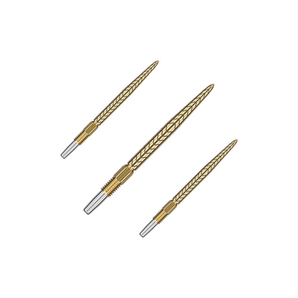 Pointes de fléchettes Target Swiss Point RVE - Or Auf dem Bild sind drei goldene Dartspitzen mit silbernen Enden zu sehen. Sie sind fein gearbeitet und haben ein geprägtes Muster auf der Oberfläche.