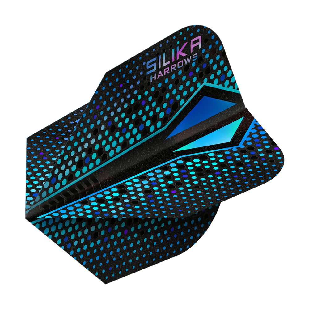 Das Bild zeigt einen Harrows Silika Colourshift Tough Crystalline Coating Blue-X No6 Flight. Das Dart-Flight hat ein schwarzes Design mit blauen und türkisfarbenen Punkten und geometrischen Mustern.