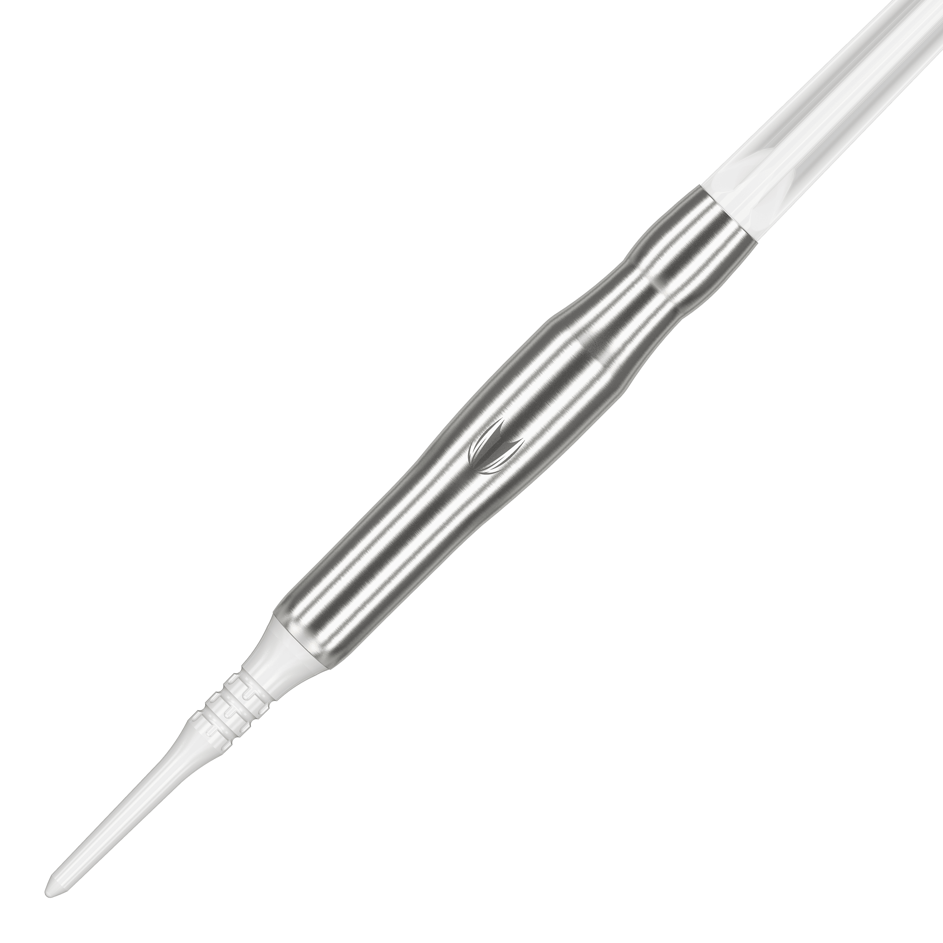 Fléchettes souples Target Japan Crux Brave - 18,5 g Das Bild zeigt den Target Japan Crux Brave Softdart mit einem Gewicht von 18,5g. Der Dartpfeil hat ein elegantes, silbernes Design mit einer weißen Spitze.