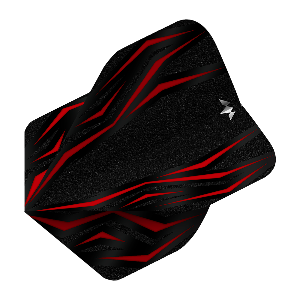 Vols standard Mission Lava Red No2 Das Bild zeigt einen Mission Lava Red No2 Standard Flight für Darts. Das Design ist überwiegend schwarz mit auffälligen roten Linien und einem kleinen weißen Logo.