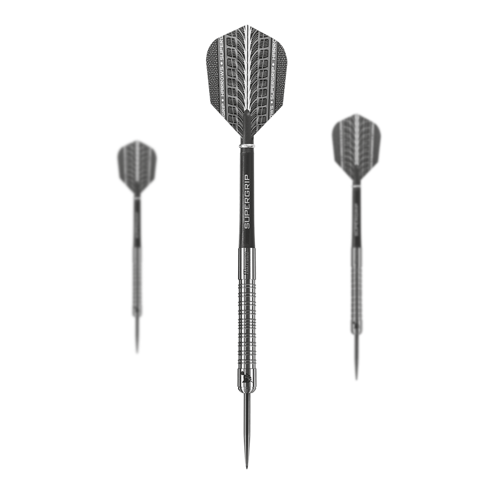Fléchettes Harrows Supergrip en acier tungstène à 90 % Das Bild zeigt drei Harrows Supergrip 90% Tungsten Steeldarts. Die Darts haben ein silbernes Design mit schwarzem Schaft und Flight.