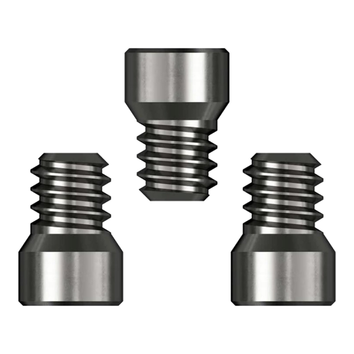 Robinets du système Caliburn Das Bild zeigt drei Caliburn System Spigots mit einem Durchmesser von 2,33 mm. Sie sind aus Metall gefertigt und haben ein Gewinde auf einer Seite.