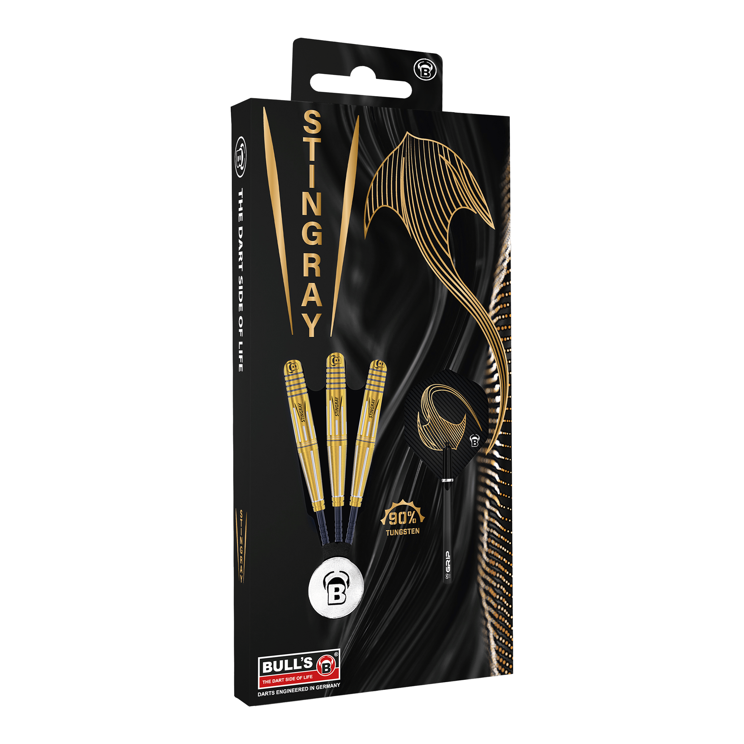 Fléchettes en acier Bulls Stingray ST4 Die Abbildung zeigt die Verpackung der "Bulls Stingray ST4 Steeldarts". Auf der schwarzen Verpackung sind drei goldfarbene Darts sowie ein stilisierter Stachelrochen und Schriftzüge in Gold zu sehen.