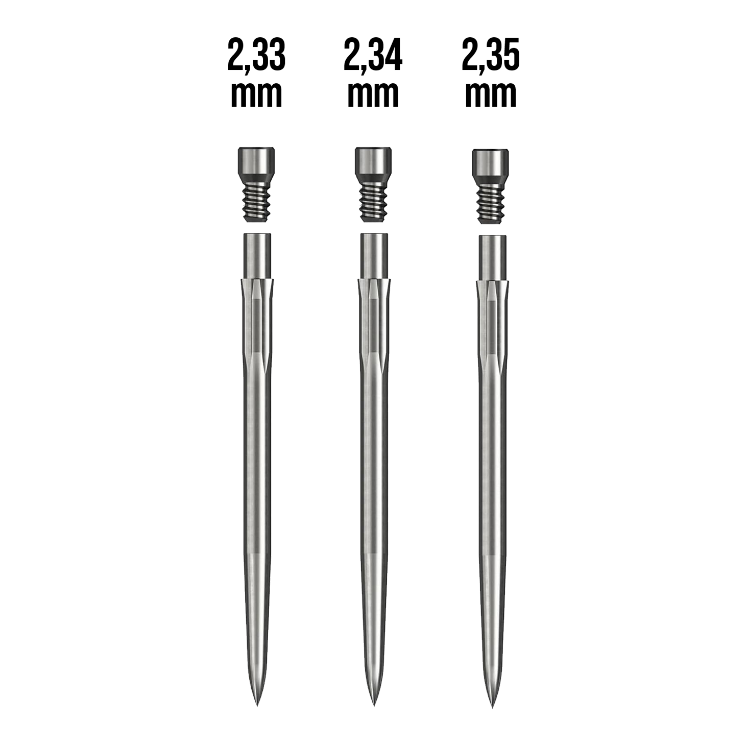 Kit de démarrage Caliburn Das Bild zeigt drei metallische Stifte mit unterschiedlichen Durchmessern: 2,33 mm, 2,34 mm und 2,35 mm. Sie gehören zum Produkt "Caliburn Starter-Kit."