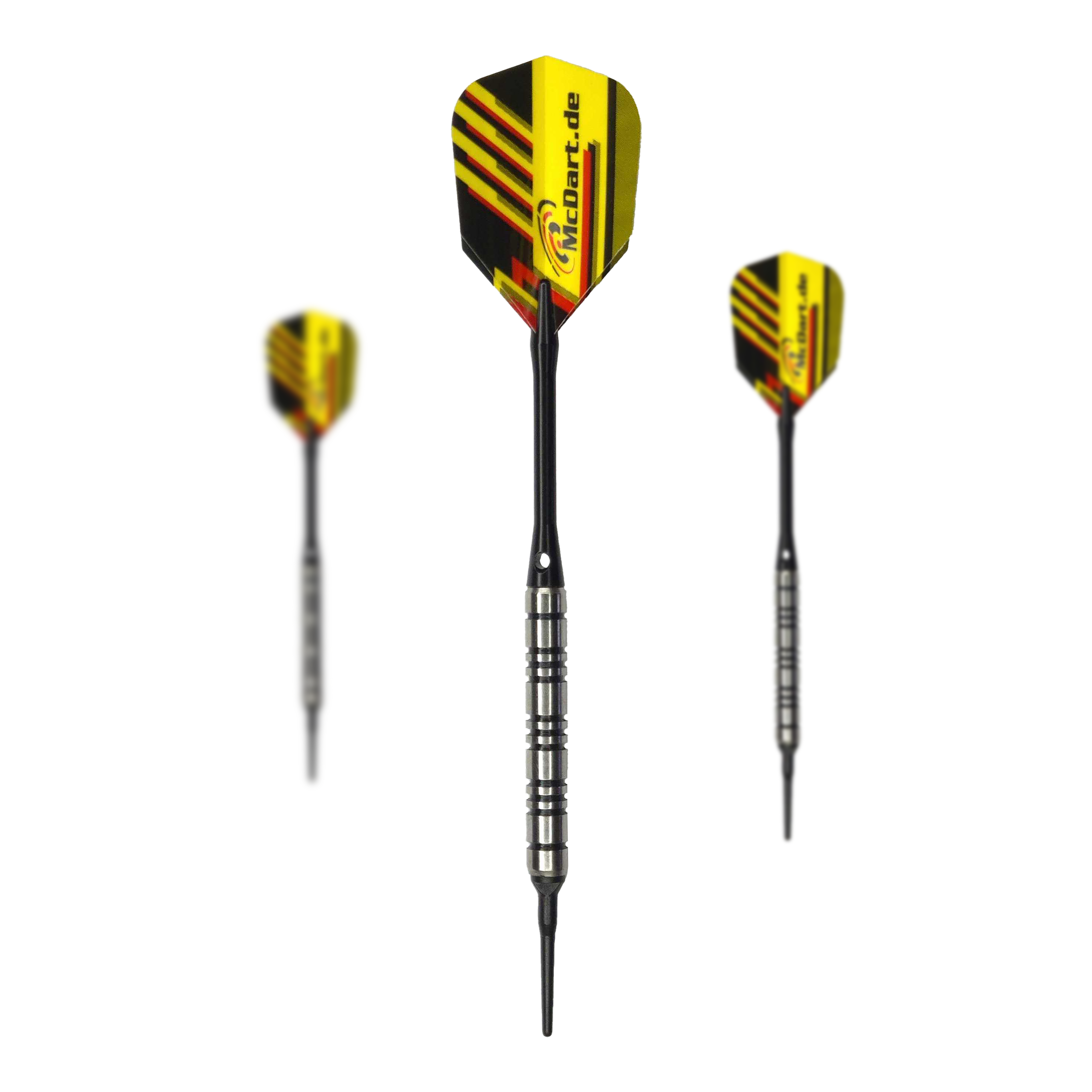 Fléchettes souples McDart 85 Tungsten V2 - 17 g Das Bild zeigt drei Softdarts des Modells "McDart 85er Tungsten V2" mit 17g Gewicht. Die Darts haben gelb-schwarze Flights mit roten Akzenten und einen silbernen Griffbereich.