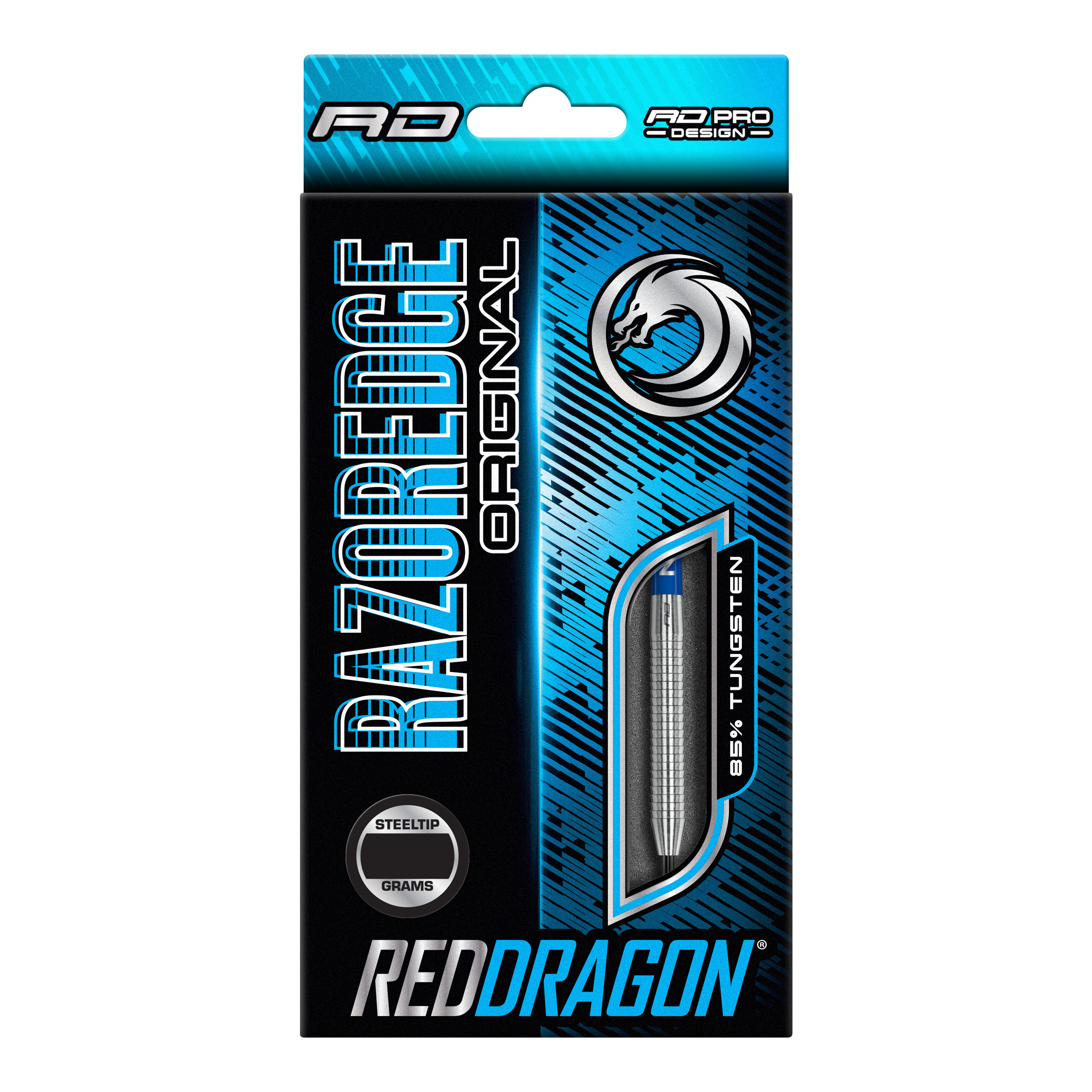 Fléchettes en acier Red Dragon Razor Edge Original Die Verpackung zeigt die "Red Dragon Razor Edge Original Steeldarts" mit einem Gewicht von 24 Gramm. Das Design ist blau-schwarz und hebt hervor, dass die Darts aus 95 % Tungsten bestehen.