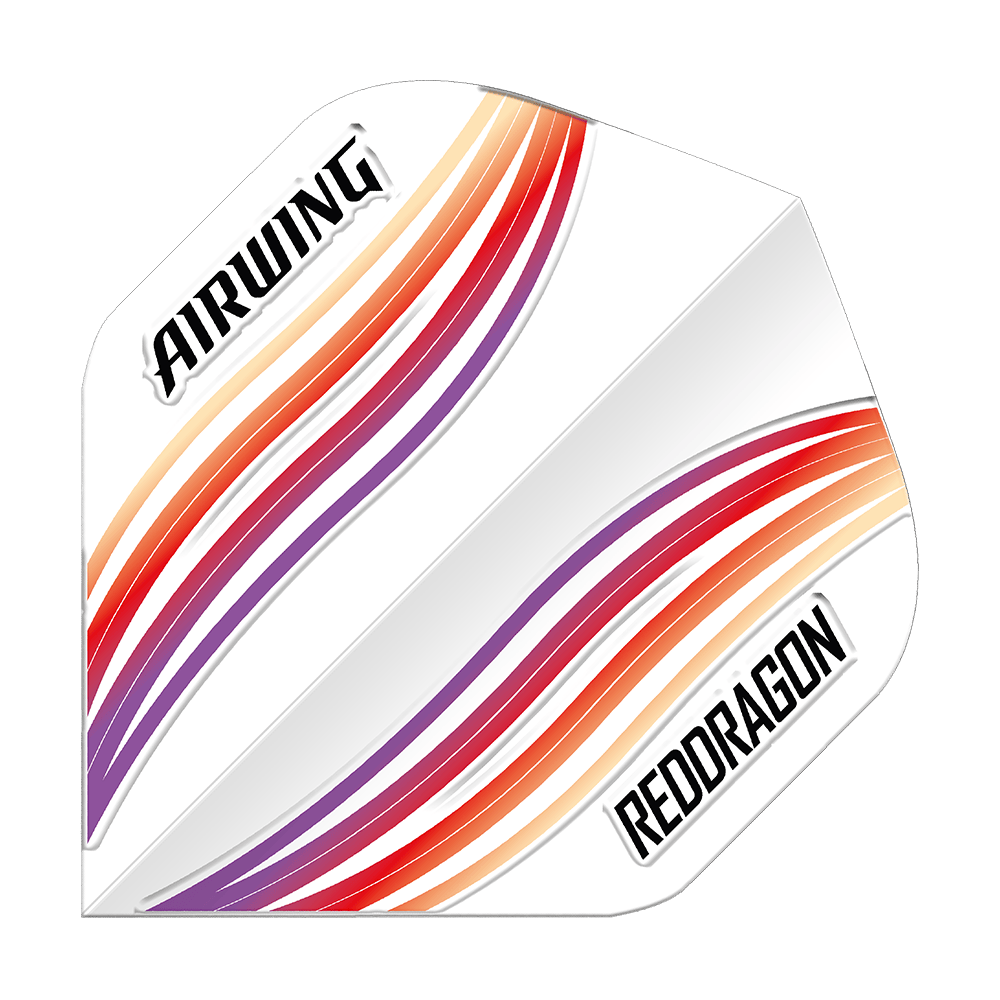 Vols standard Red Dragon Airwing Red Wave Das Bild zeigt ein Dartflight mit dem Namen „Red Dragon Airwing Red Wave Standard Flights“. Das Flight ist weiß mit roten, orangenen und lilafarbenen Wellenstreifen sowie den Aufschriften „AIRWING“ und „RED DRAGON“.