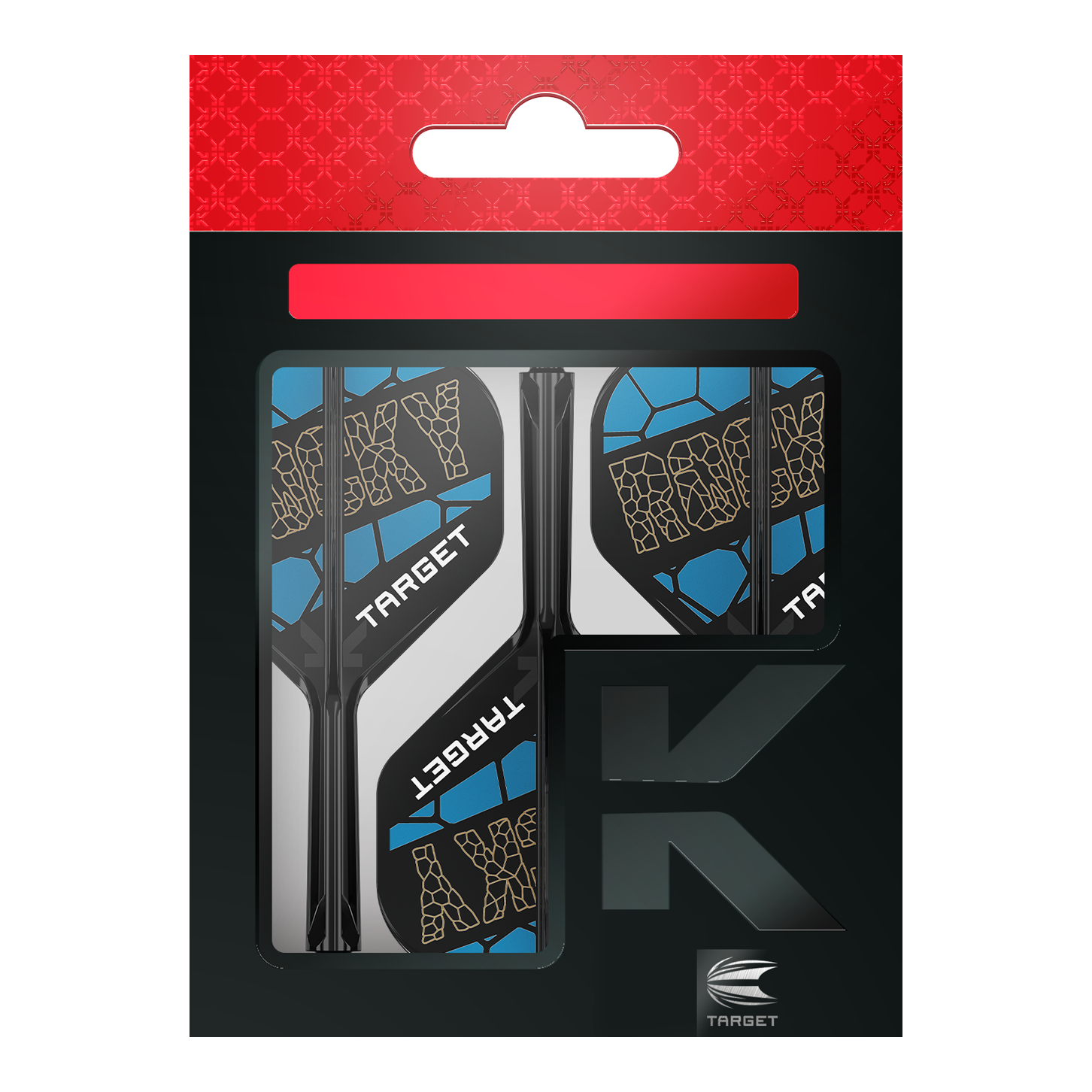 Système de tige de vol standard Target K-Flex Josh Rock n° 2 Das Bild zeigt das Produkt "Target K-Flex Josh Rock No2 Standard Flight-Shaft-System" in seiner Verpackung. Die Flights sind schwarz, blau und weiß gestaltet und tragen den Schriftzug "ROCKY" sowie "TARGET".