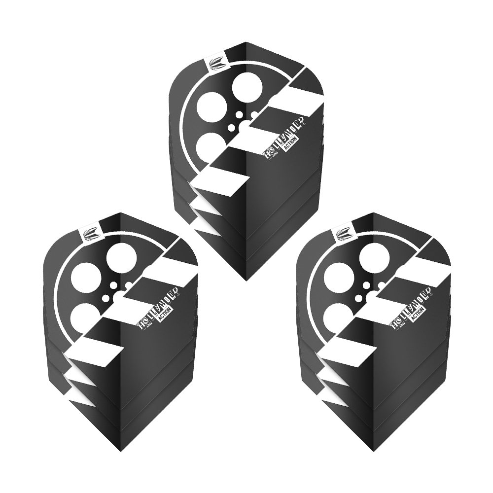 Target Pro Ultra Chris Dobey Hollywood Action No6 Flights - 3 ensembles Das Bild zeigt drei Sets von schwarzen Dartflights mit einem Filmrollen-Design. Auf den Flights steht „HOLLYWOOD ACTION“ und sie gehören zum Produkt „Target Pro Ultra Chris Dobey Hollywood Action No6“.