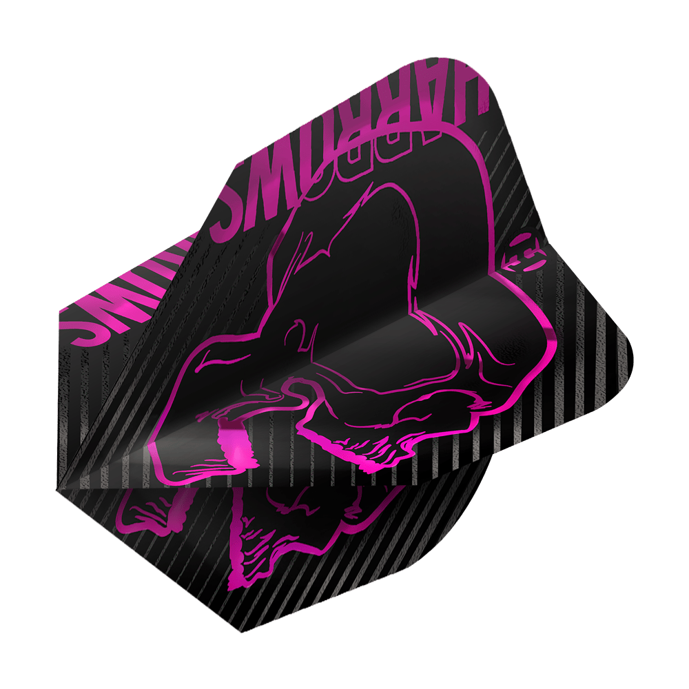 Vols Harrows Rage Rose No6 Dies ist ein Dartflight des Modells „Harrows Rage Pink No6“. Das Design ist schwarz mit einem auffälligen pinken Totenkopf und den Worten „Harrows“ in Pink.