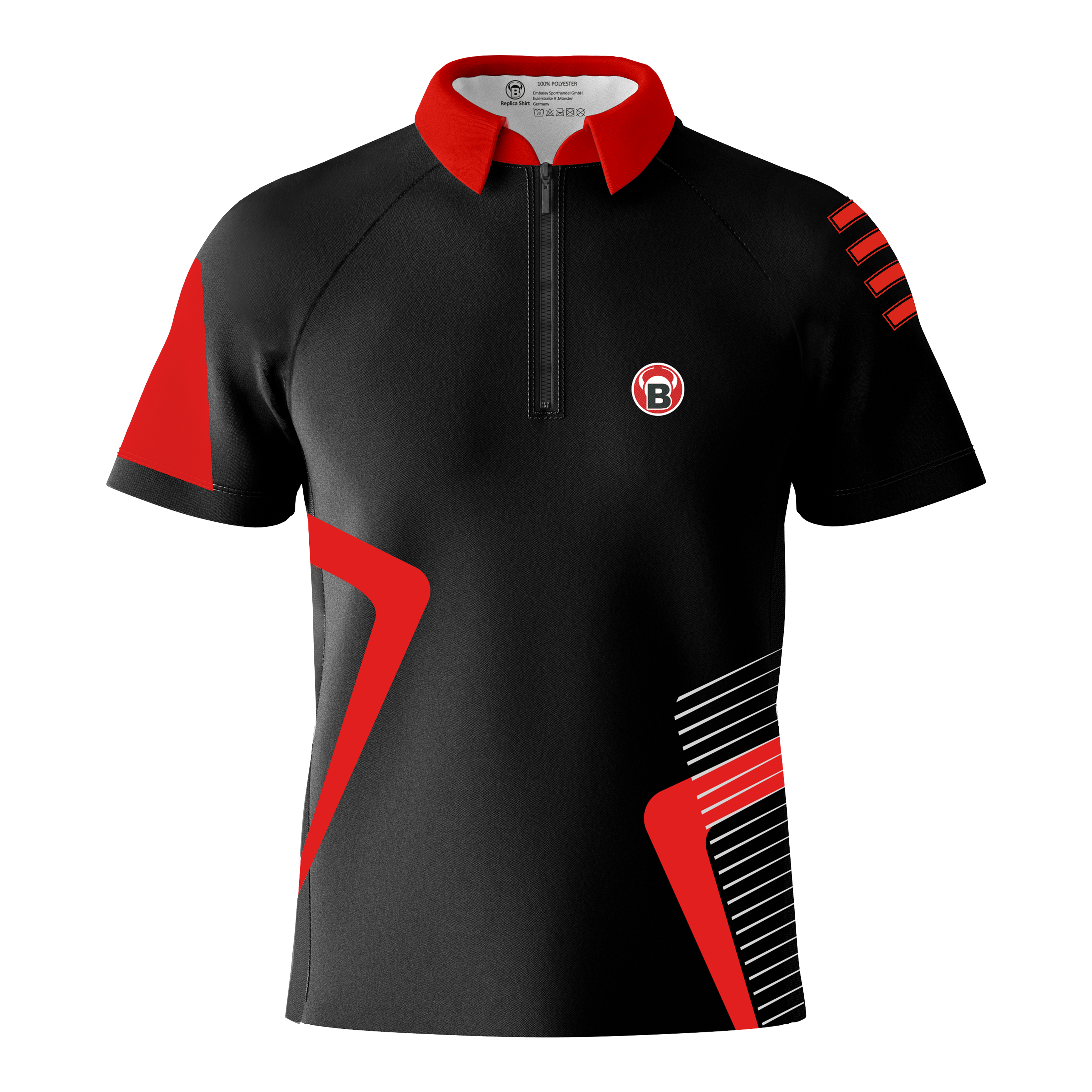 T-shirt Bulls Team Dart - Rouge Das Bild zeigt ein schwarzes Dartshirt mit roten und weißen Akzenten. Auf der linken Brust befindet sich ein rundes Logo mit einem "B".