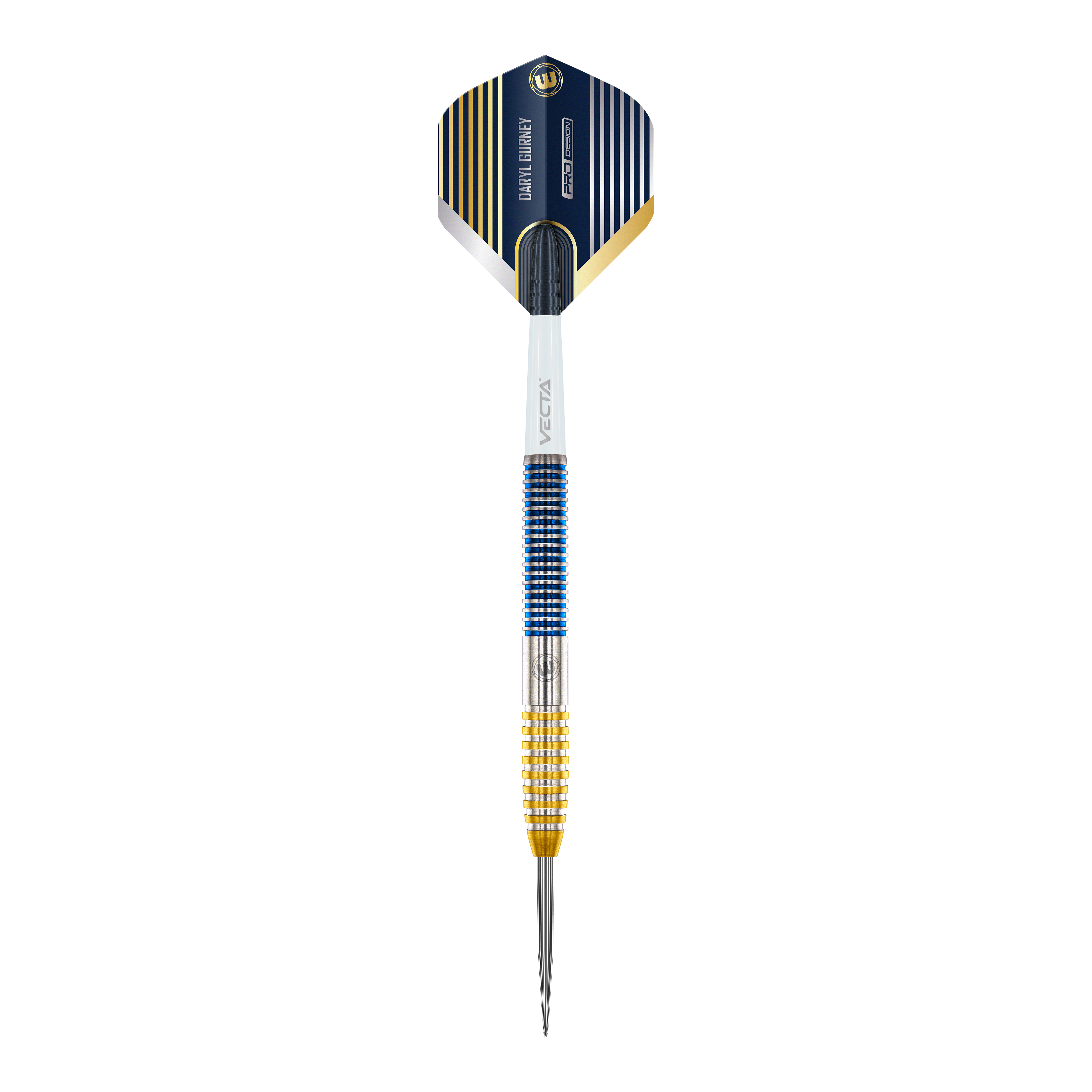 Fléchettes Winmau Daryl Gurney SC 1.0 Series - 23 g Dies ist ein Winmau Daryl Gurney SC 1.0 Series Steeldart mit einem Gewicht von 23g. Der Dart hat ein auffälliges Design mit blauen, goldenen und silbernen Akzenten.