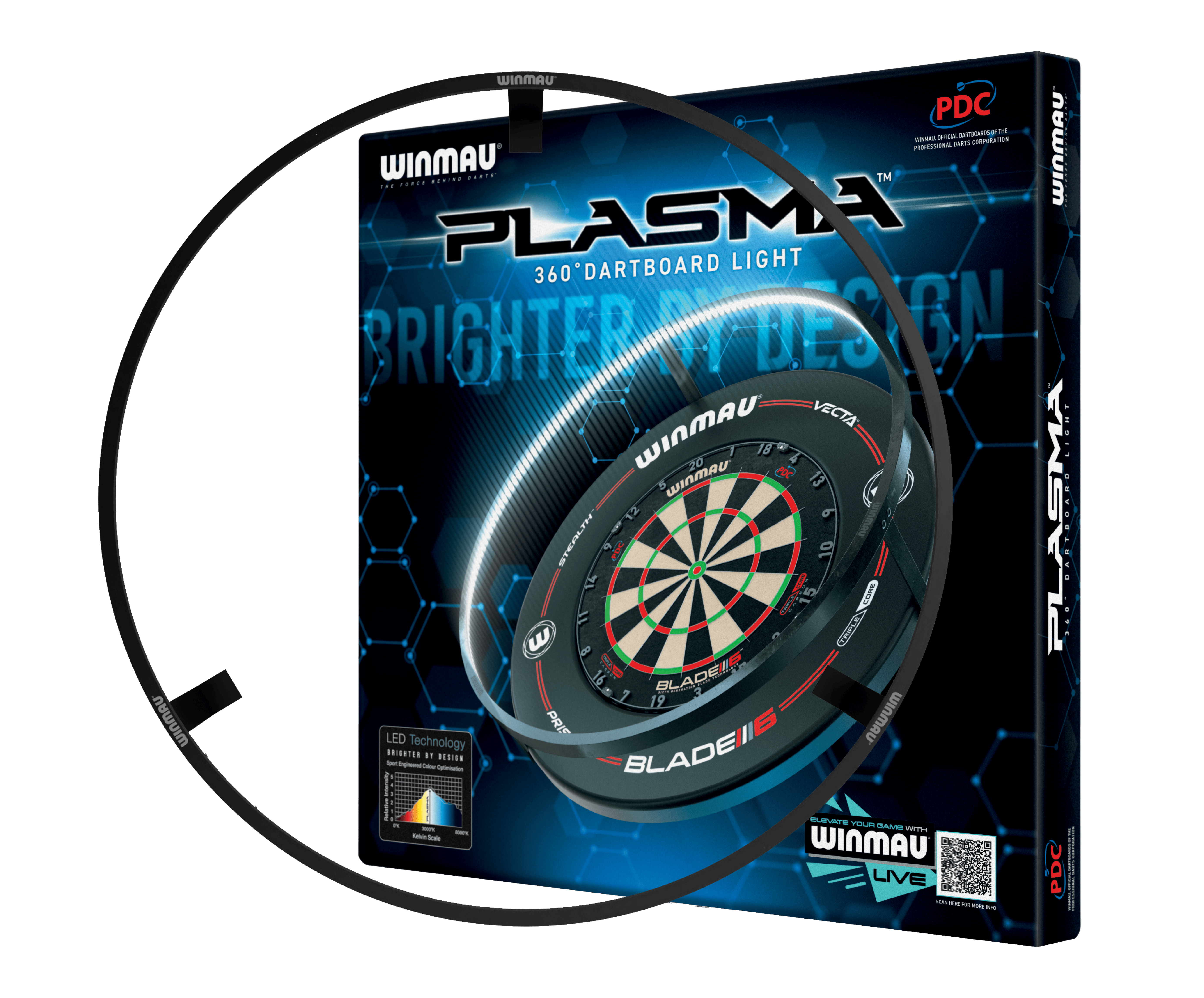 ENSEMBLE Winmau Plasma LED éclairage et surround Das Bild zeigt das Produkt "Winmau Plasma LED Beleuchtung und Surround Bundle" in seiner Verpackung. Es enthält eine LED-Beleuchtung für ein Dartboard sowie einen Schutzring.