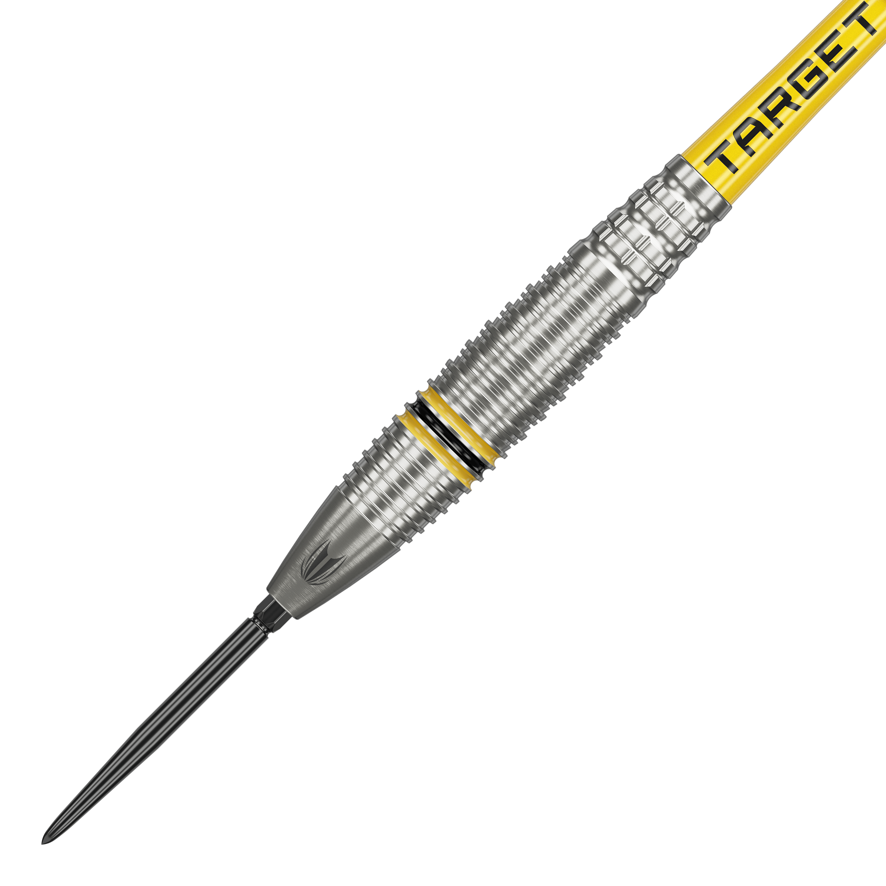 Fléchettes en acier Target Scott Williams GEN2 Swiss Point Das Bild zeigt einen Target Scott Williams GEN2 Swiss Point Steeldart. Der Dart ist silberfarben mit gelben und schwarzen Akzenten sowie der Aufschrift "TARGET" auf dem Schaft.
