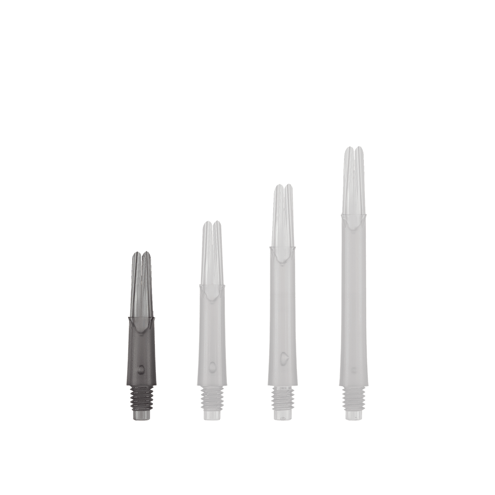 Arbres en L verrouillés droits - Noir transparent Das Bild zeigt vier gerade, transparente schwarze Dartschäfte nebeneinander in aufsteigender Größe. Sie haben am unteren Ende ein Schraubgewinde und oben Schlitze für die Flights.