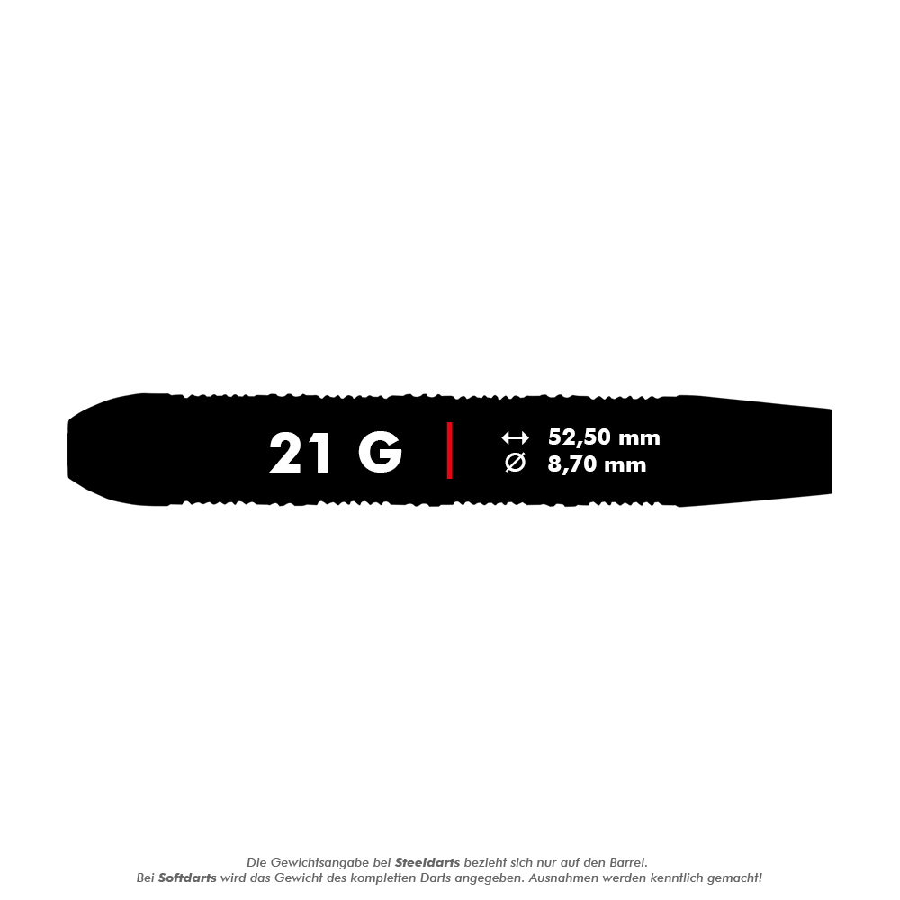 Fléchettes en acier Unicorn Top Brass V3 - 21 g Das Bild zeigt die Produktinformationen für die Unicorn Top Brass V3 Steeldarts mit einem Gewicht von 21 Gramm. Die Darts haben eine Länge von 52,50 mm und einen Durchmesser von 8,70 mm.