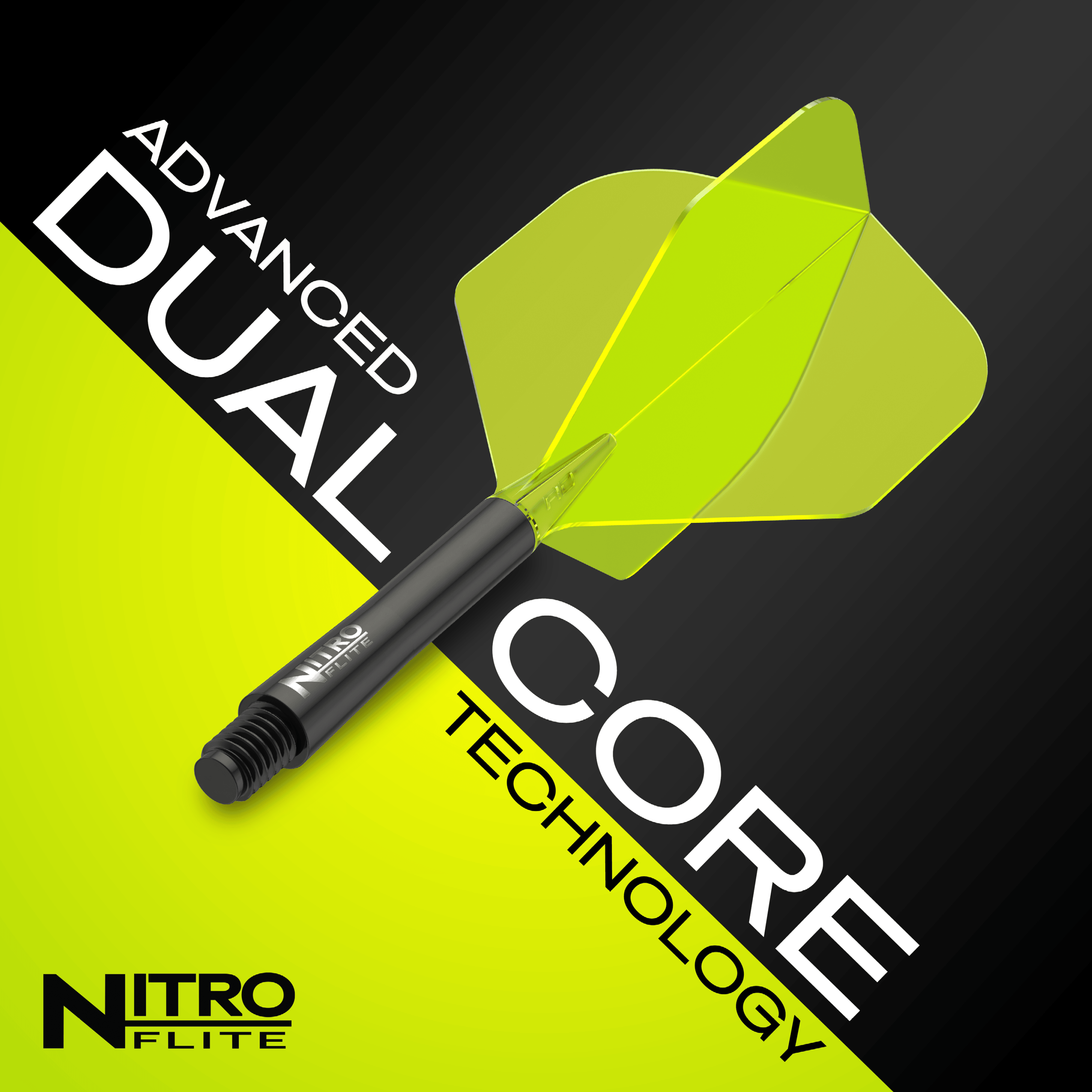Red Dragon Nitroflite - Tige noire Ailettes jaunes n°2 Das Bild zeigt das Produkt "Red Dragon Nitroflite" mit schwarzem Schaft und gelben Flights. Auf dem Bild steht "Advanced Dual Core Technology" und "Nitroflite" als Markenname.