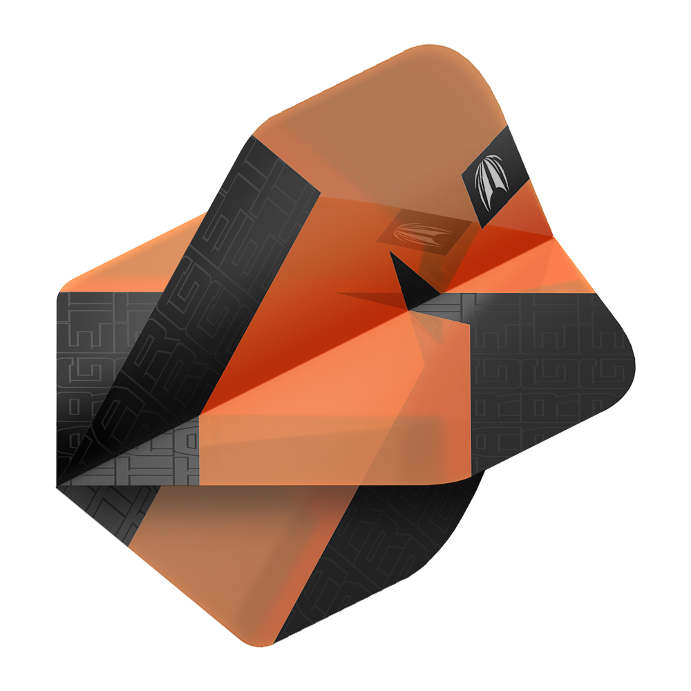 Ailettes standard Target Pro Ultra TAG Orange n° 2 - 3 jeux Das Bild zeigt orangefarbene und schwarze Dart-Flights mit einem modernen Design. Es handelt sich um das Produkt "Target Pro Ultra TAG Orange No2 Standard Flights - 3 Sets".