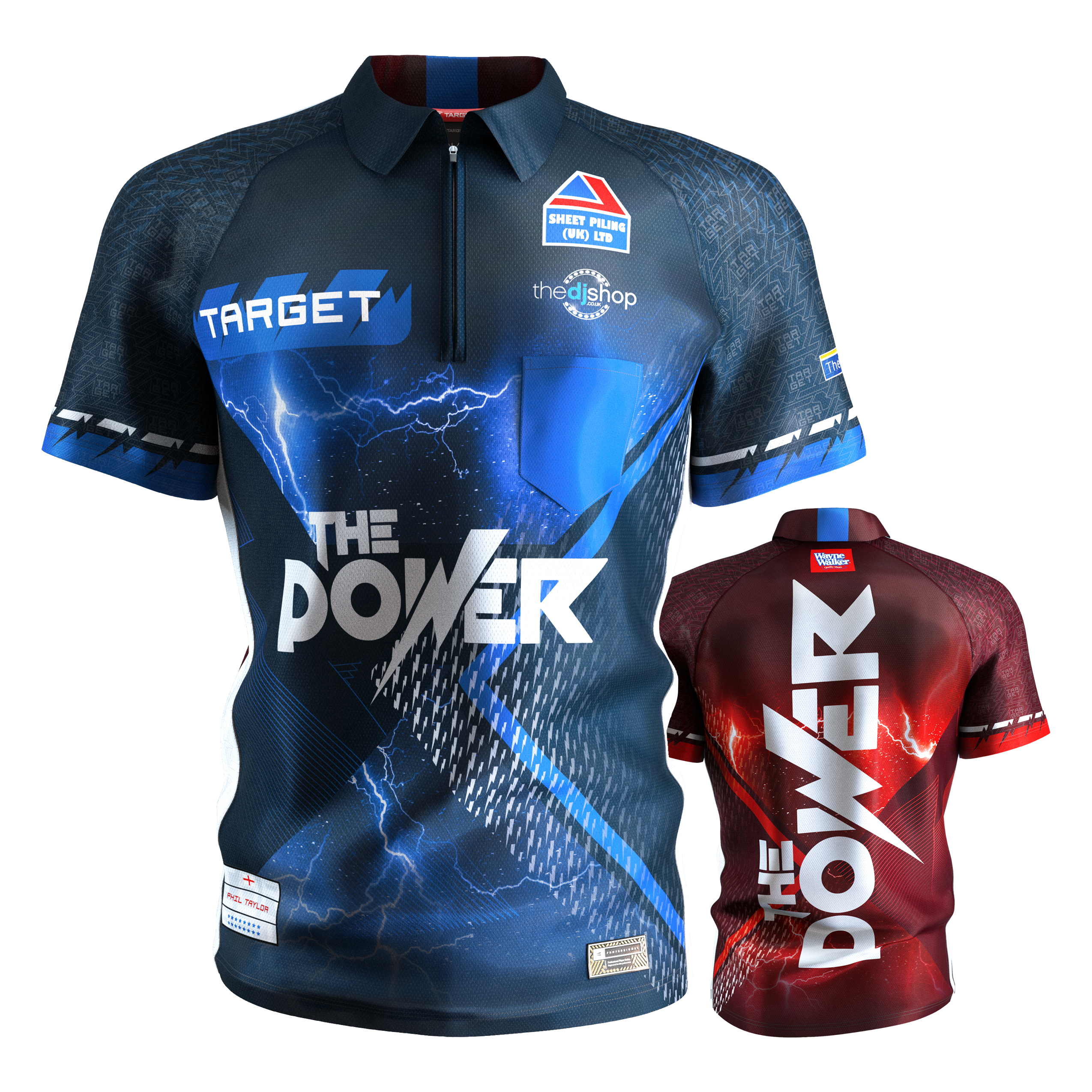 Maillot de fléchettes Target Coolplay Phil Taylor 2025 Das Bild zeigt zwei Dartshirts mit dem Aufdruck "THE POWER" von Target Coolplay Phil Taylor 2025. Eines der Shirts ist hauptsächlich blau, das andere rot, beide mit auffälligen Blitzdesigns.