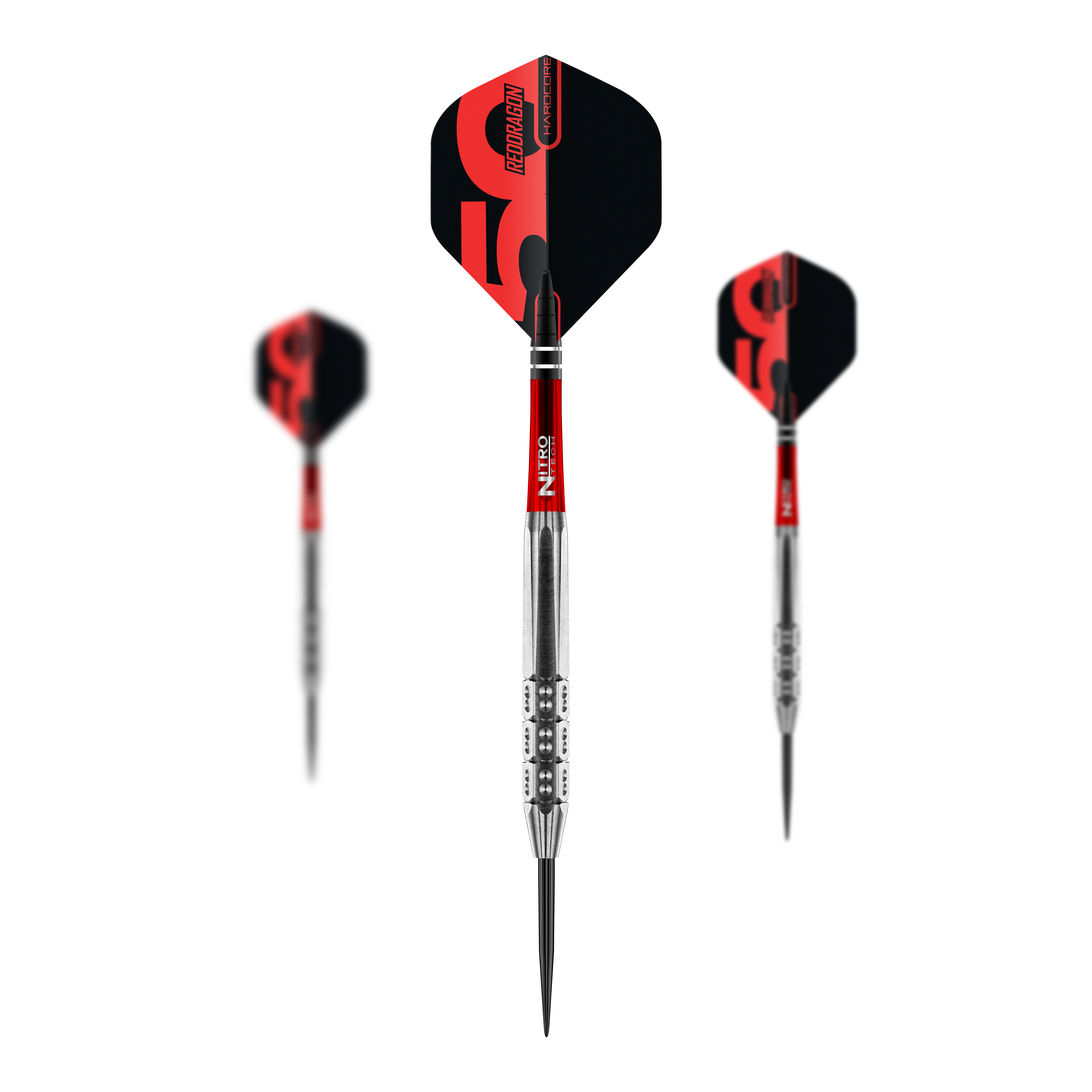 Coffret de 3 fléchettes en acier Hexose de la collection Red Dragon 50 ans - 25 g Das Bild illustriert ein Set der Red Dragon 50 Year Collection Hexoset 3 Steeldarts mit 25g Gewicht. Diese Steeldarts sind Teil einer limitierten Sammleredition.