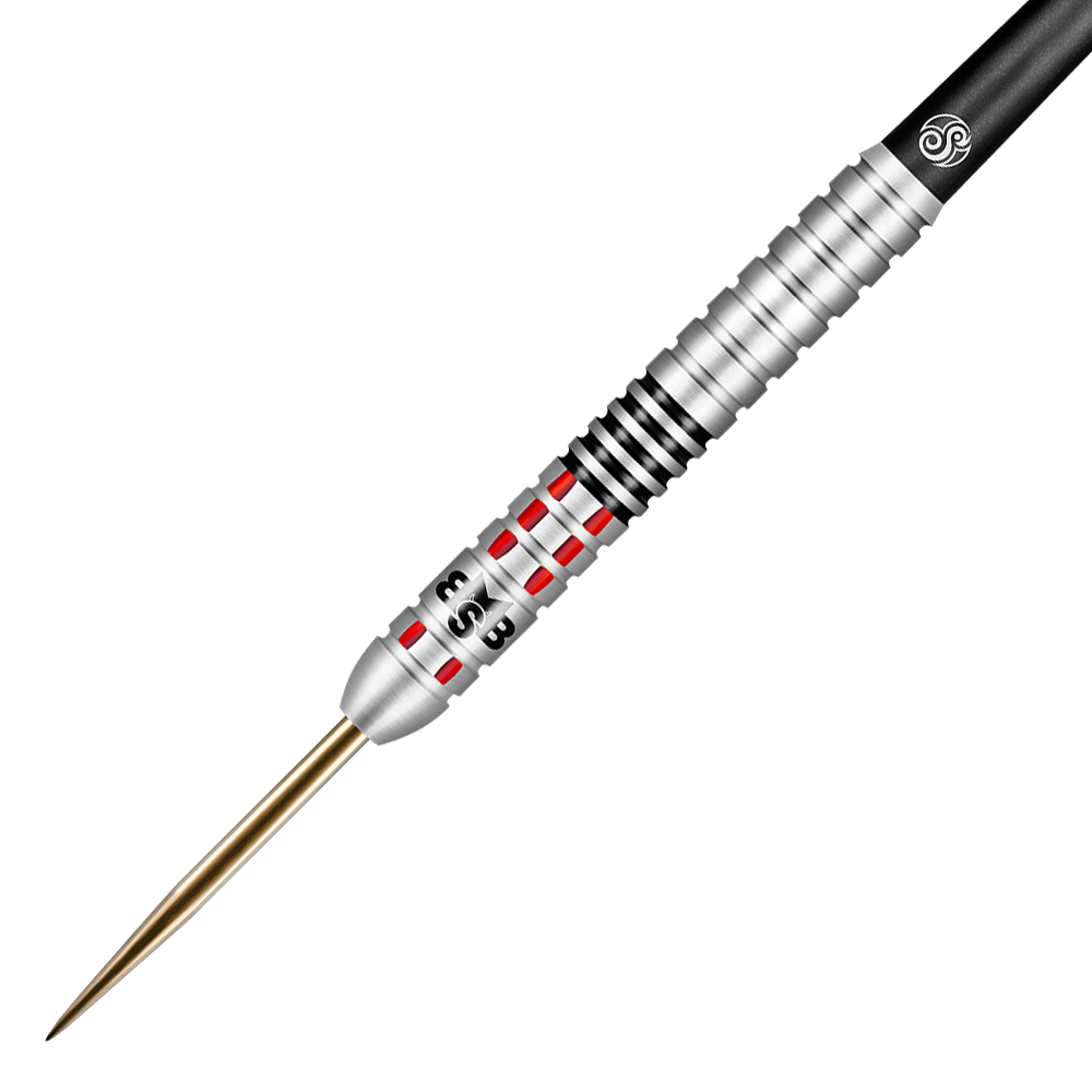 Shot Michael Smith atteint des fléchettes en acier Auf dem Bild ist ein Steeldart mit silbernem Barrel, roten Akzenten und schwarzem Griffbereich zu sehen. Es handelt sich um das Produkt "Shot Michael Smith Achieve Steeldarts".