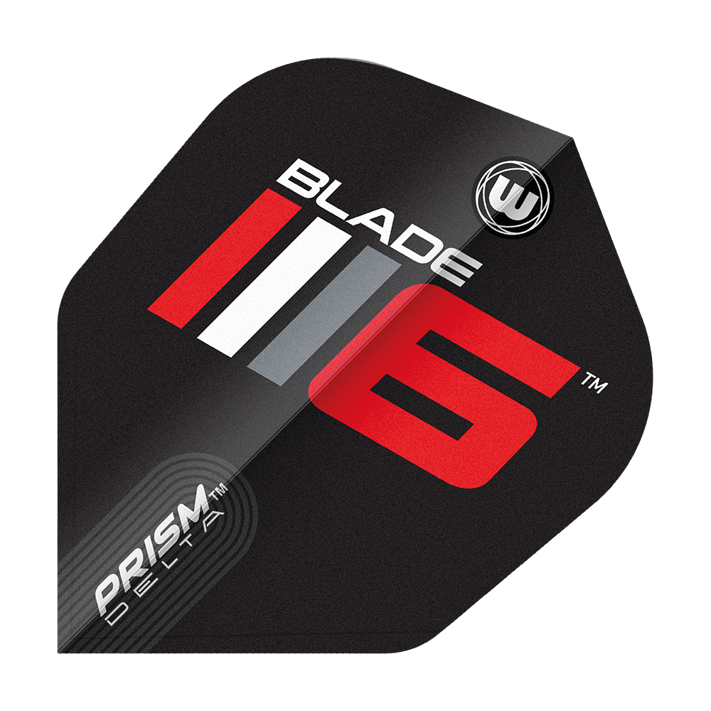 Volets Winmau Prism Delta Blade 6 n°6 Das Bild zeigt ein Dartflight mit dem Aufdruck "Blade 6" in auffälligen Farben. Unten links steht "Prism Delta" und das Design ist modern und sportlich.