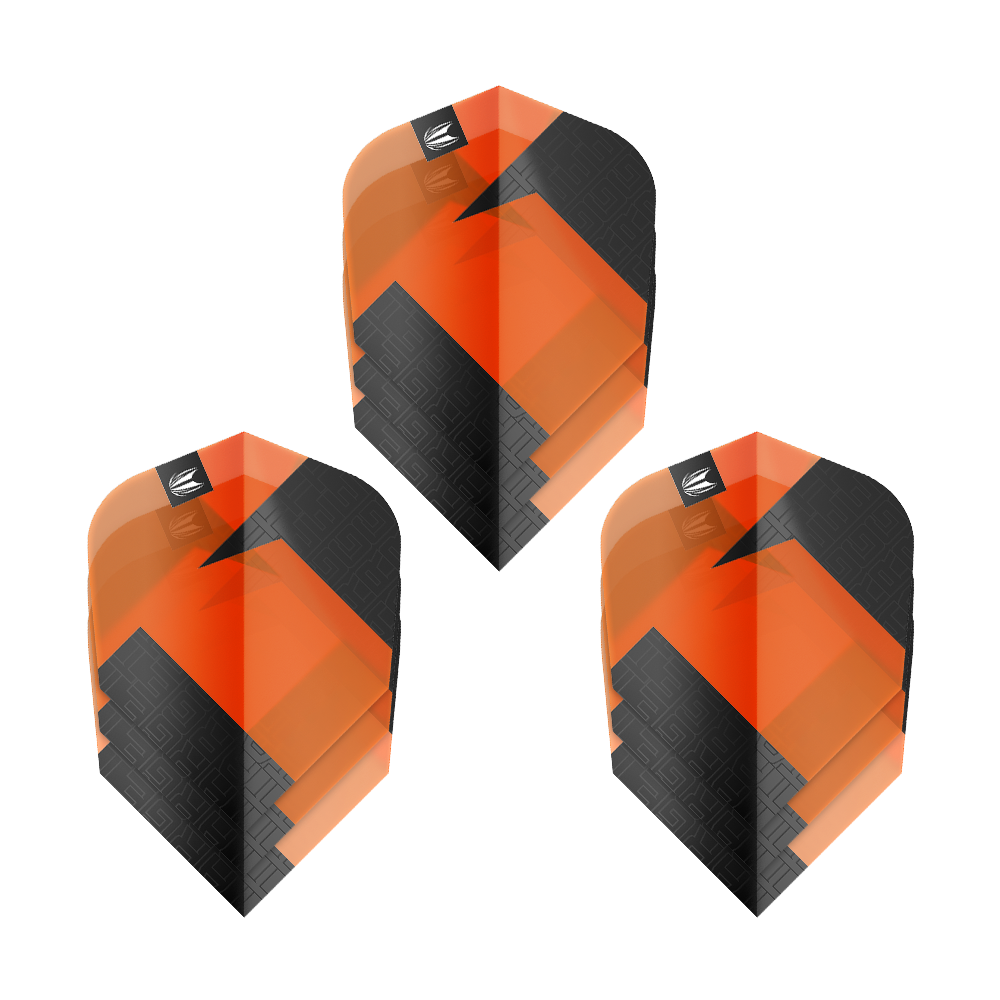 Ailettes standard Target Pro Ultra TAG Orange Ten-X - 3 jeux Das Bild zeigt drei Sets von Target Pro Ultra TAG Orange Ten-X Standard Flights. Die Flights sind orange und schwarz gestaltet und haben ein modernes, geometrisches Muster.
