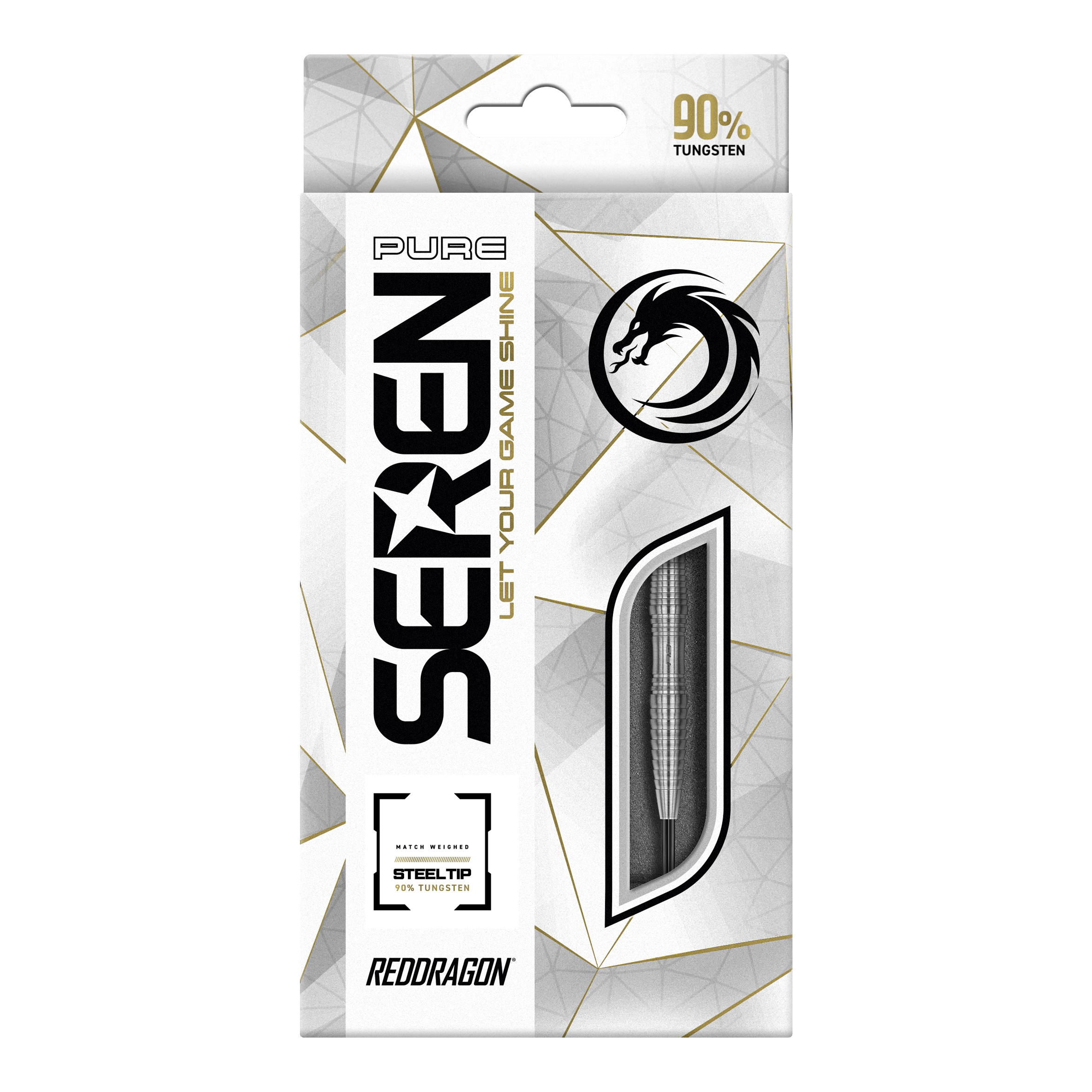 Dragon Rouge Seren 3 Pure Steeldarts Die Abbildung zeigt die Verpackung der "Red Dragon Seren 3 Pure Steeldarts". Auf der Verpackung steht, dass die Darts aus 90% Tungsten bestehen.