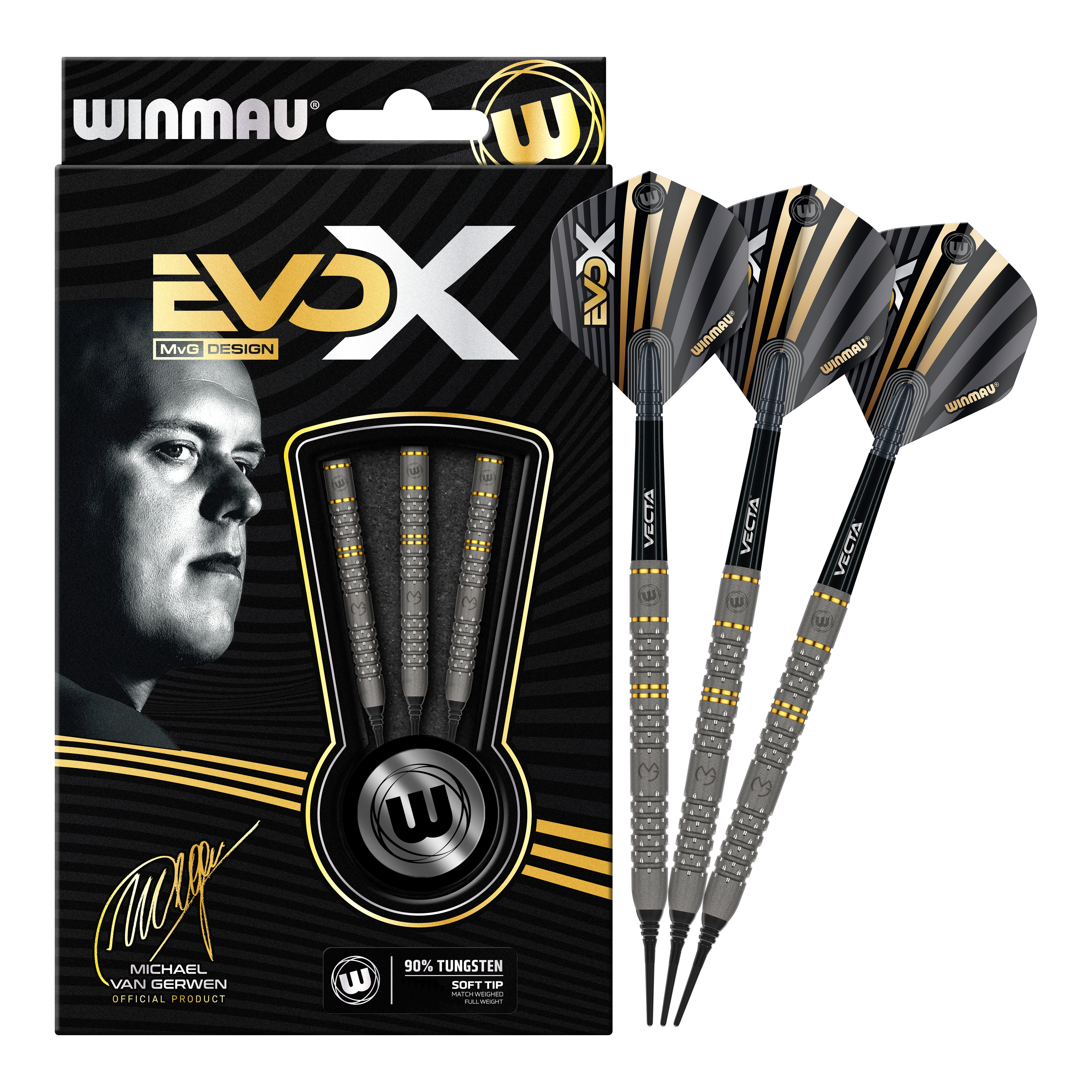 Winmau Michael Van Gerwen Evo-X fléchettes souples - 20g Das Bild zeigt das Produkt "Winmau Michael Van Gerwen Evo-X Softdarts - 20g" in seiner Verpackung. Neben der Verpackung sind drei zusammengebaute Softdarts mit schwarz-goldenem Design zu sehen.