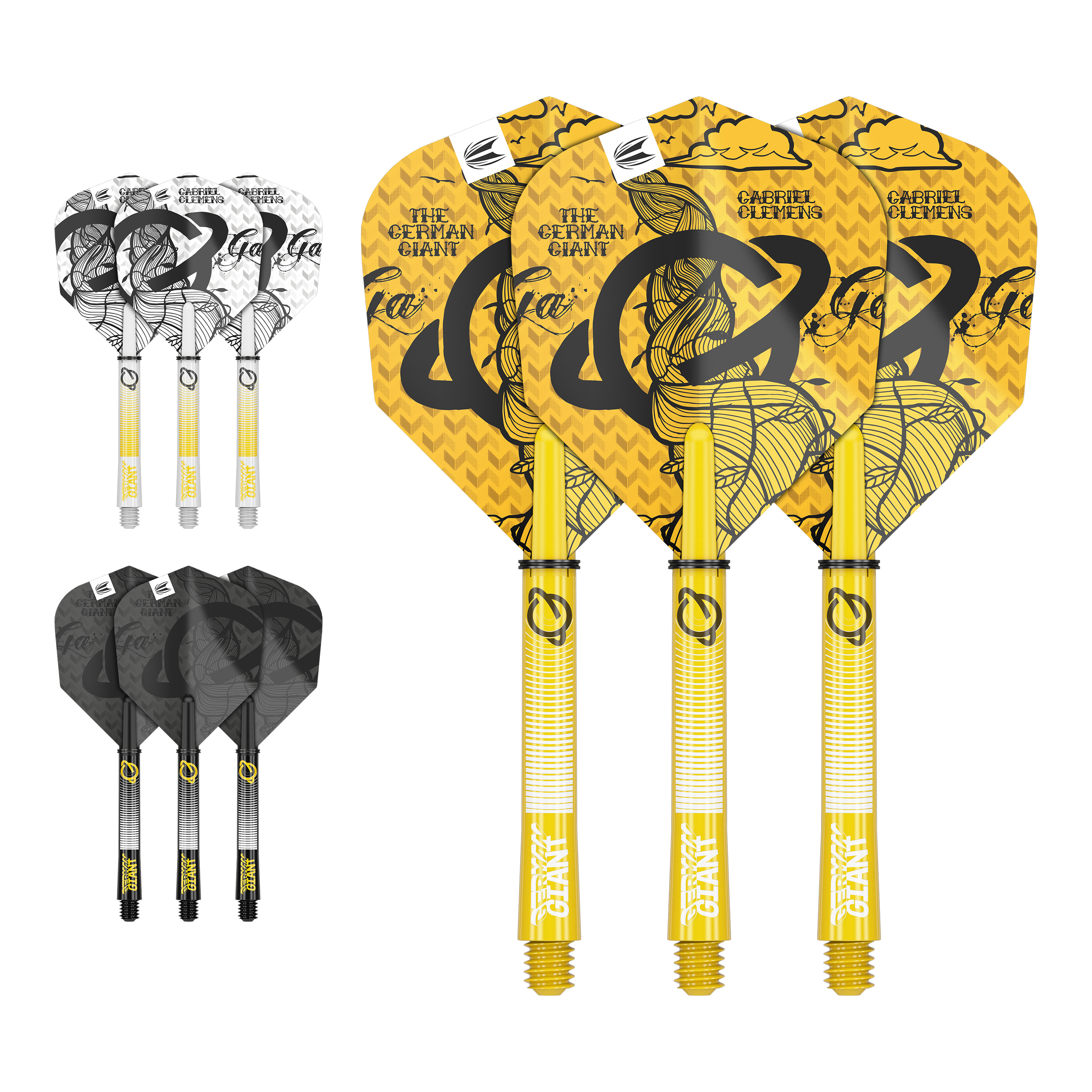 Kit de tige de vol Target Ink Gabriel Clemens Das Bild zeigt drei Sätze Dartflights und -schäfte in verschiedenen Farben und Designs. In der Mitte befindet sich ein gelbes Set mit der Aufschrift "The German Giant" und "Gabriel Clemens".