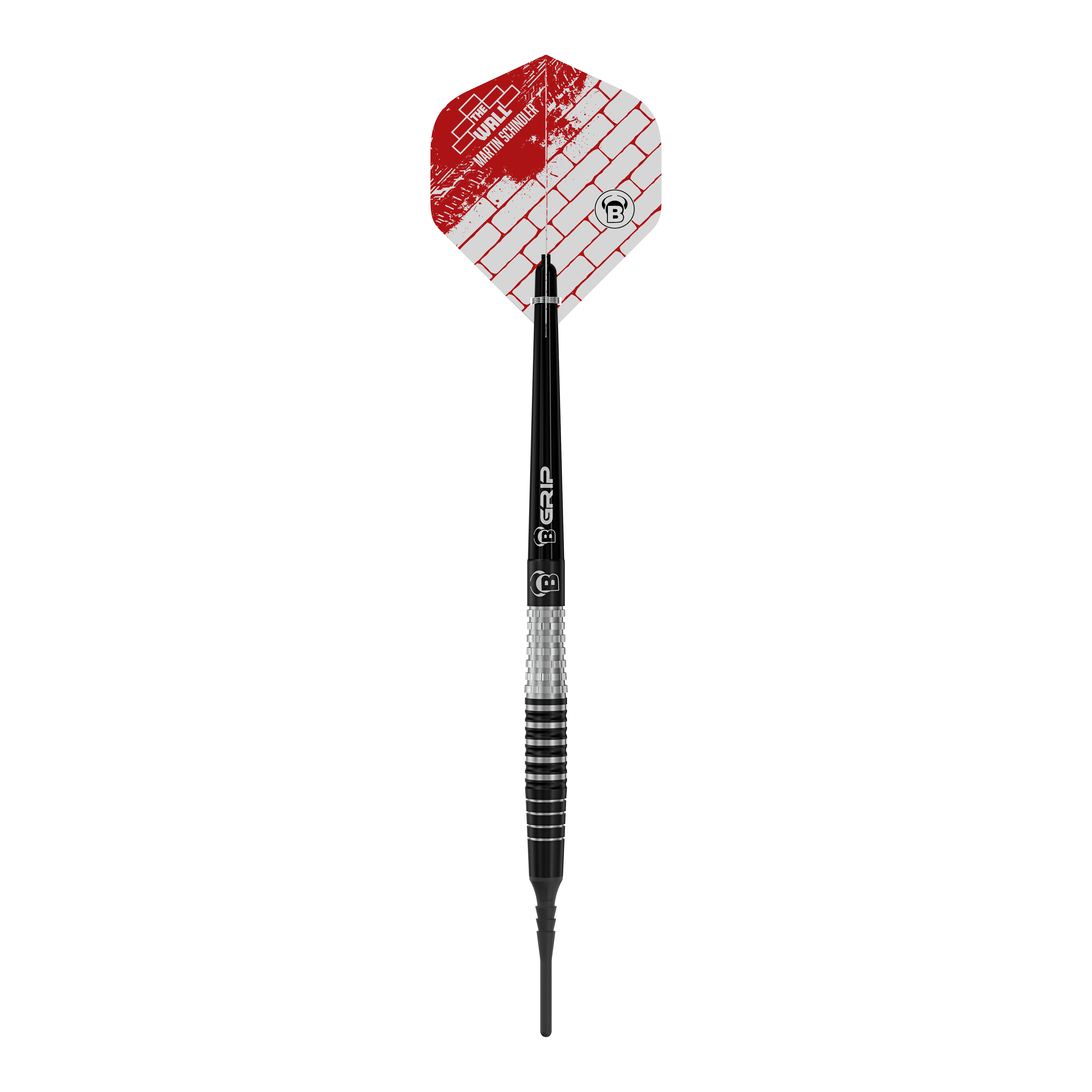 Das Bild zeigt einen Bulls Martin Schindler Original Generation 3 Softdart. Der Dart hat eine schwarz-silberne Struktur mit einer roten und weißen Flights mit Ziegelmuster.