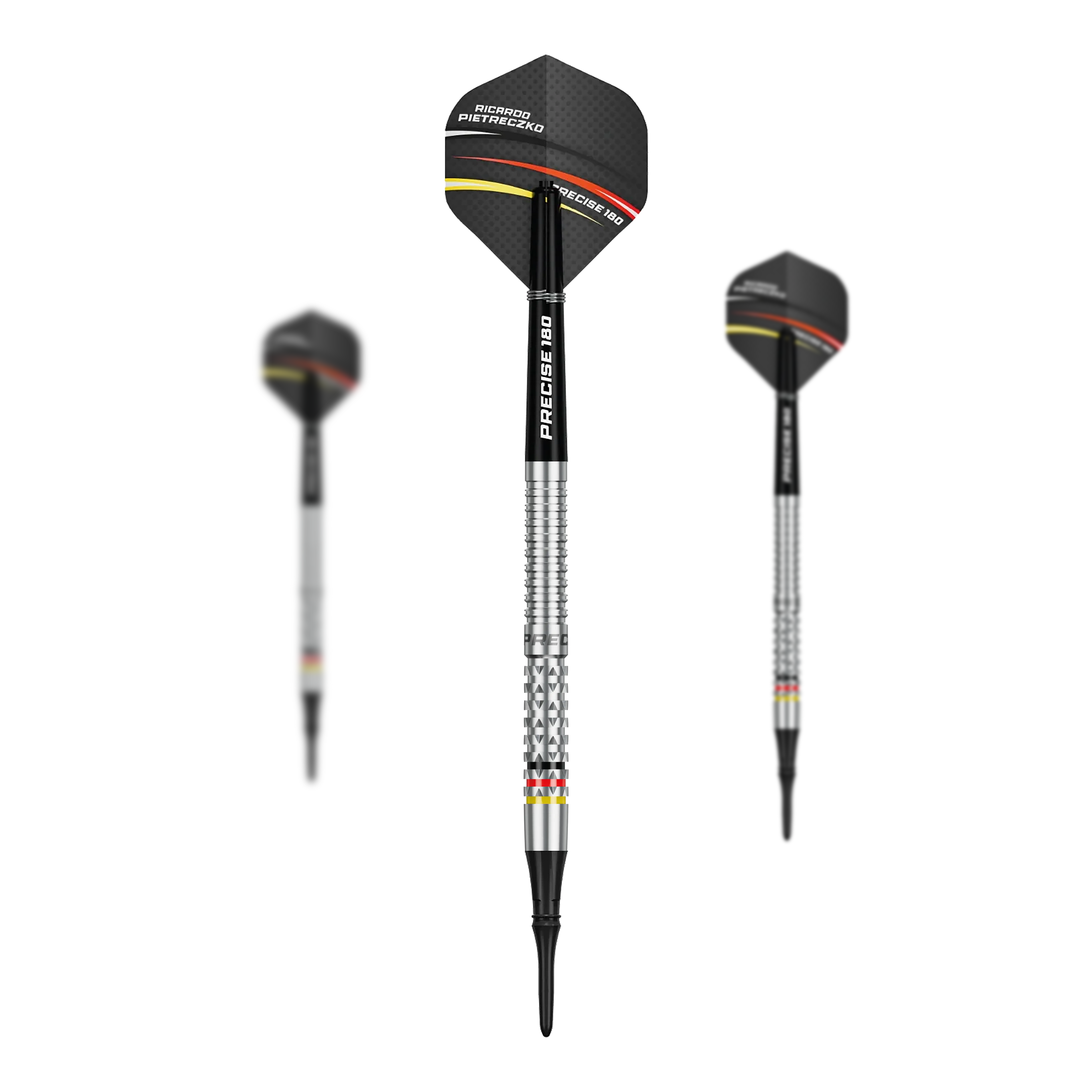 Hier sind die Precise 180 Ricardo Pietreczko GEN1 Softdarts als Set abgebildet. Die Darts sind für präzises Spielen entwickelt.
