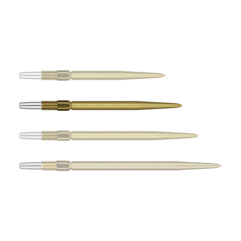 Pointes de fléchettes Target Swiss Point Nano - Or Das Bild zeigt vier goldene Dartspitzen mit silbernem Befestigungsende, die nebeneinander liegen. Die Spitzen sind gleich lang und haben eine feine Riffelung entlang der gesamten Länge.