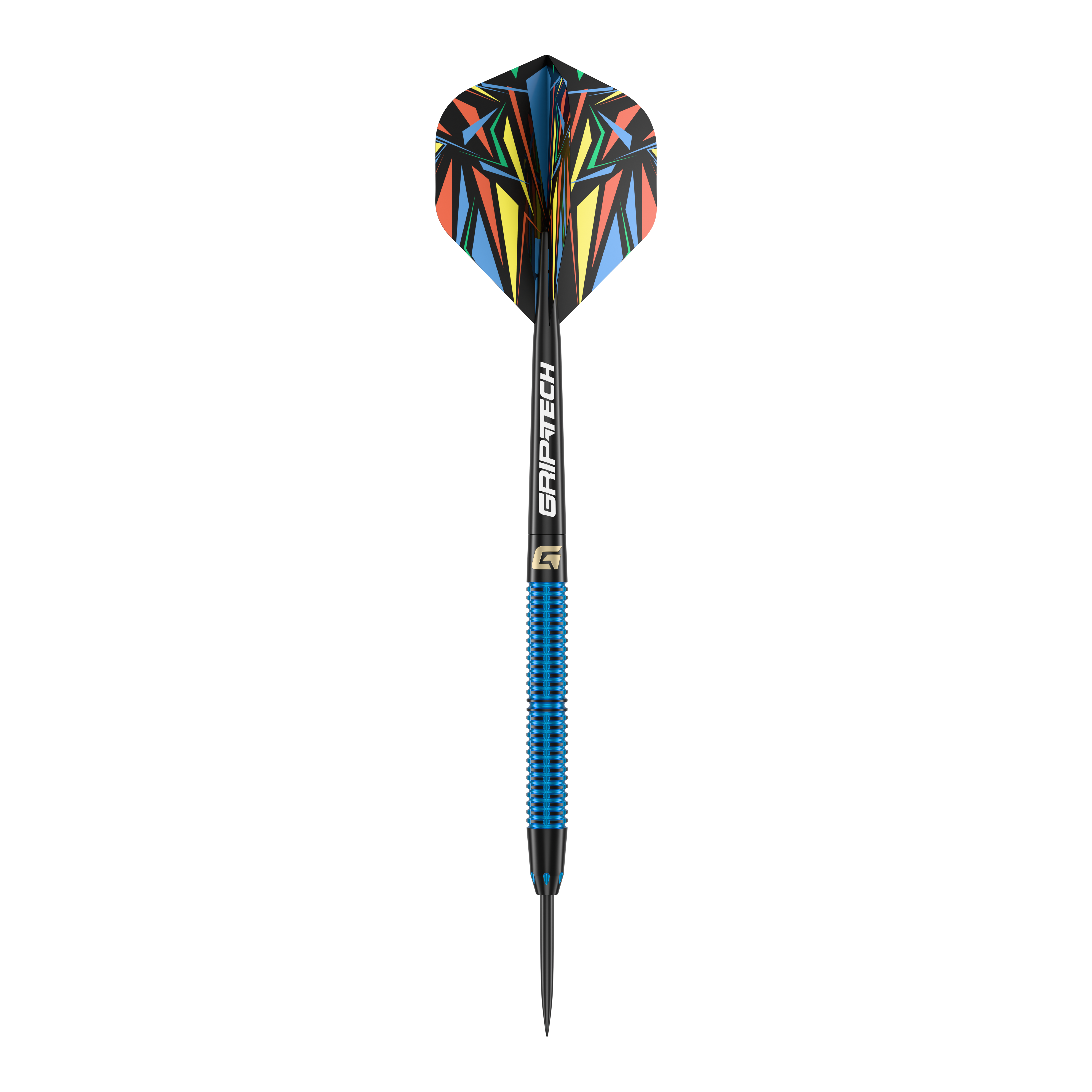 Fléchettes en acier GOAT Athlete en laiton bleu - 12 g Das Bild zeigt einen Steeldart mit blauem Griff und der Aufschrift "GRIP-TECH". Die Flights haben ein buntes, geometrisches Muster.