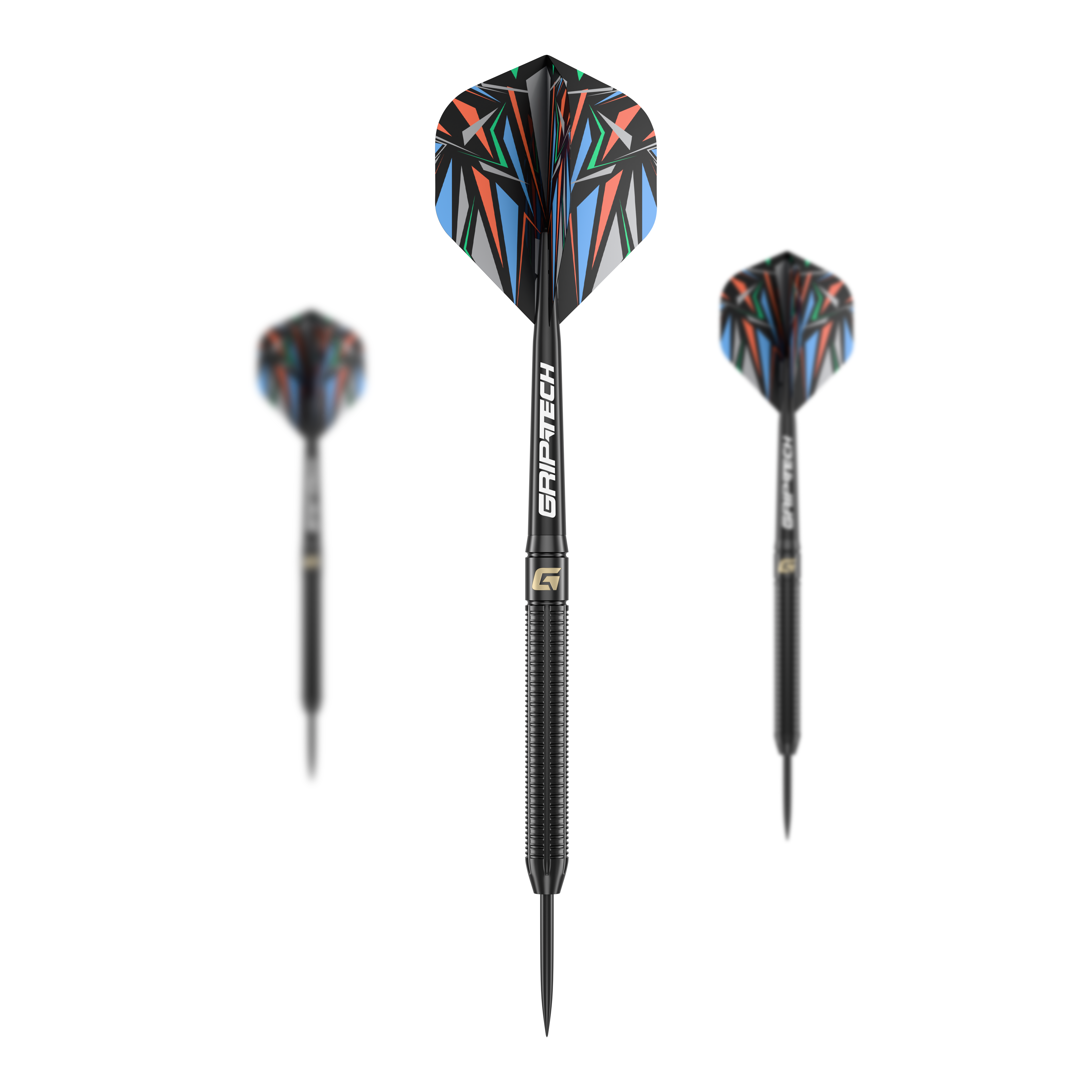 Fléchettes en acier GOAT Athlete en laiton noir - 13 g Das Bild zeigt drei schwarze Steeldarts mit farbenfrohen Flights und der Aufschrift "GRIP-TECH". Es handelt sich um das Produkt "GOAT Athlete Black Brass Steeldarts - 13g".